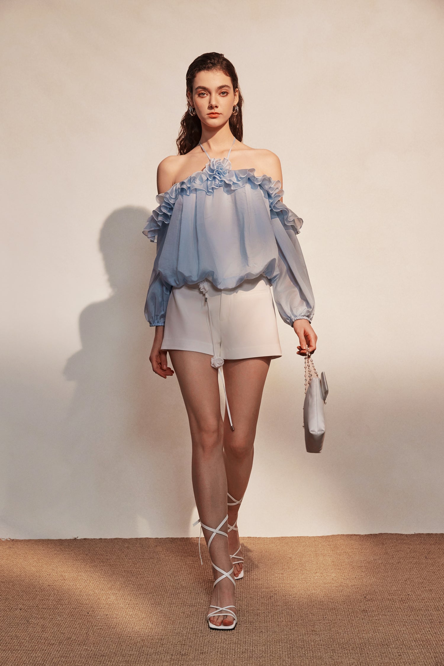 Kingwen Blue neck hanging shirt  + lace up shorts set (seperate)