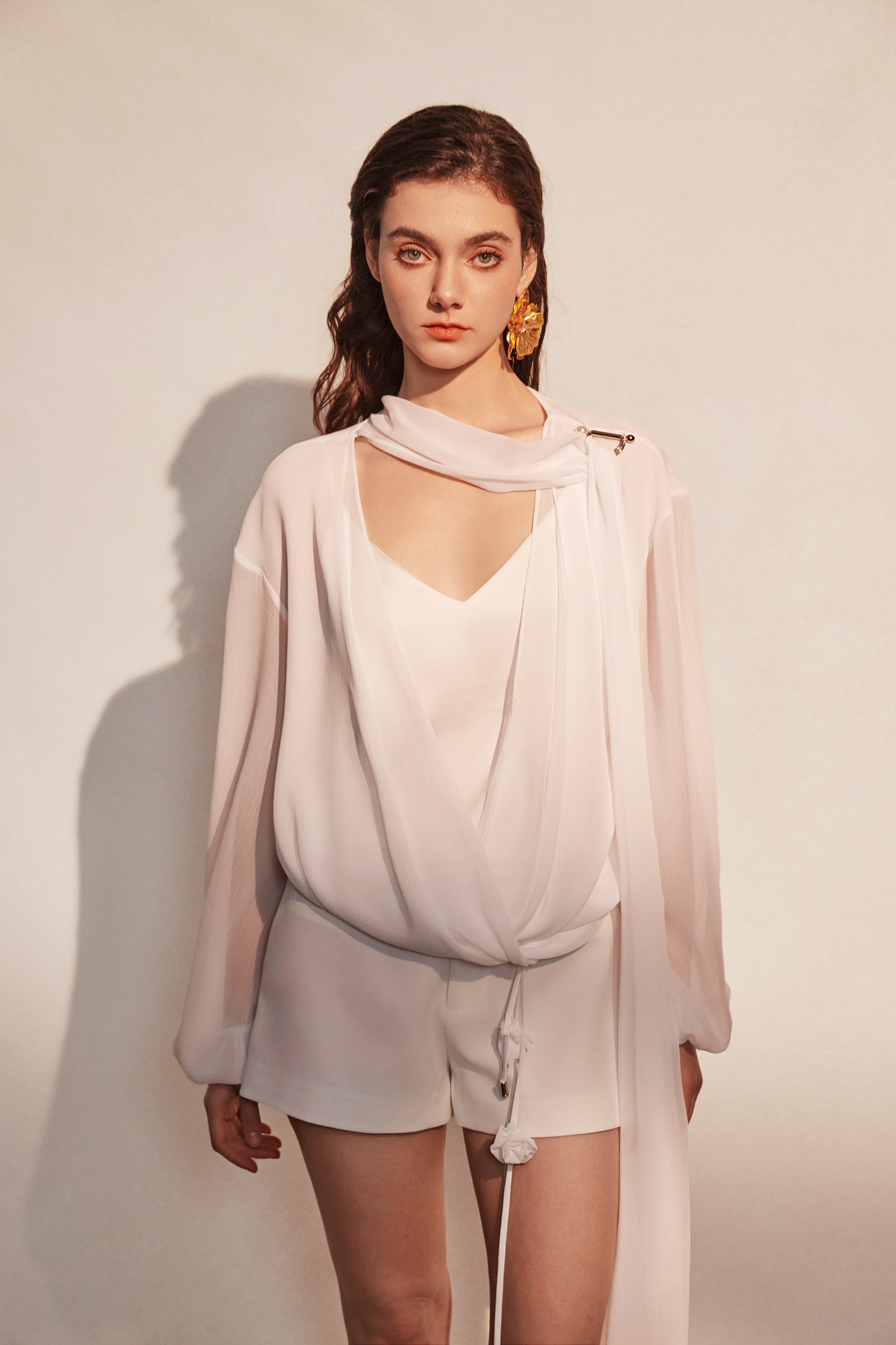 Kingwen White V-neck ribbon shirt + lace up shorts set (seperate)