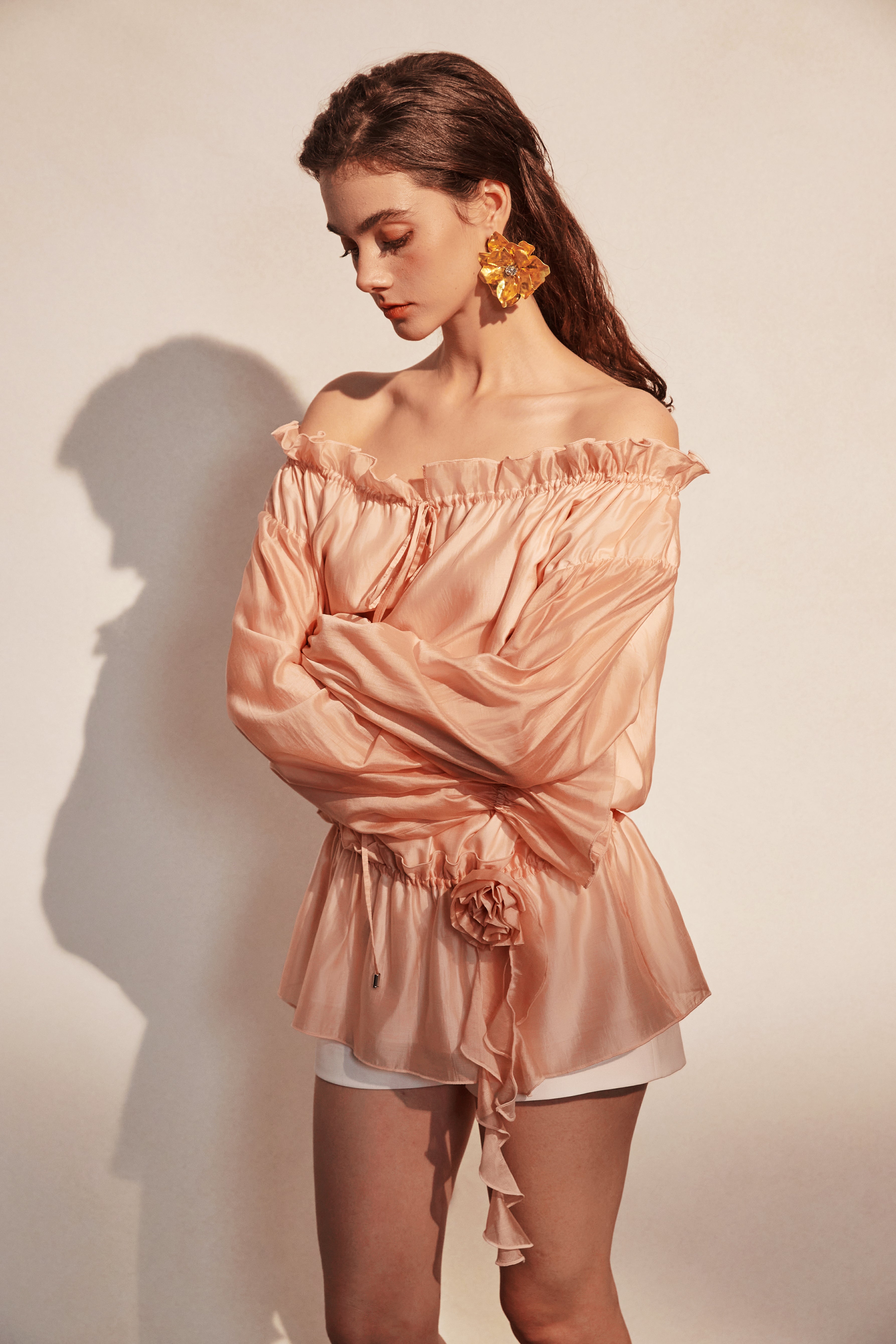 Kingwen Pink off shoulder shirt + lace up shorts set (seperate)