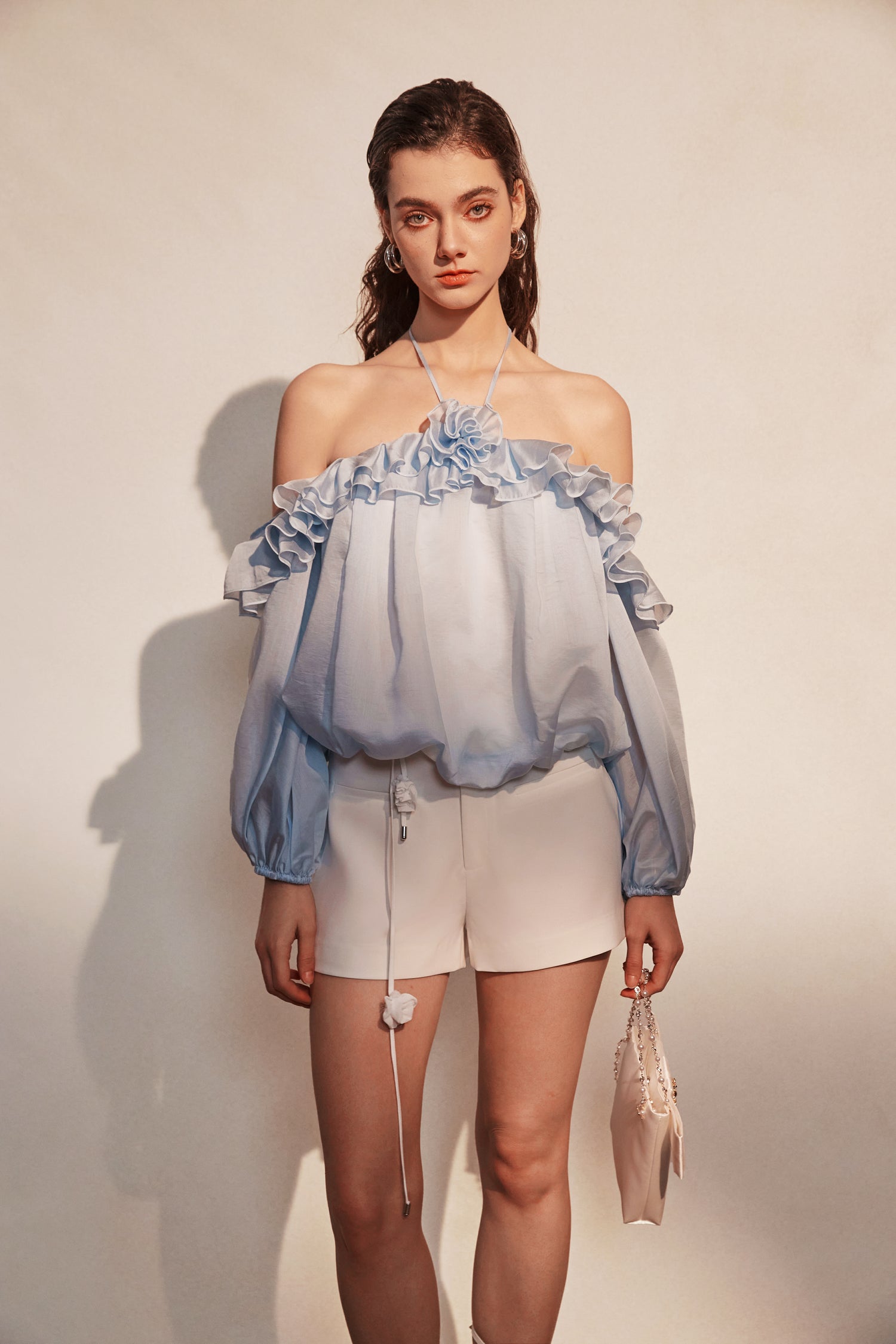 Kingwen Blue neck hanging shirt  + lace up shorts set (seperate)