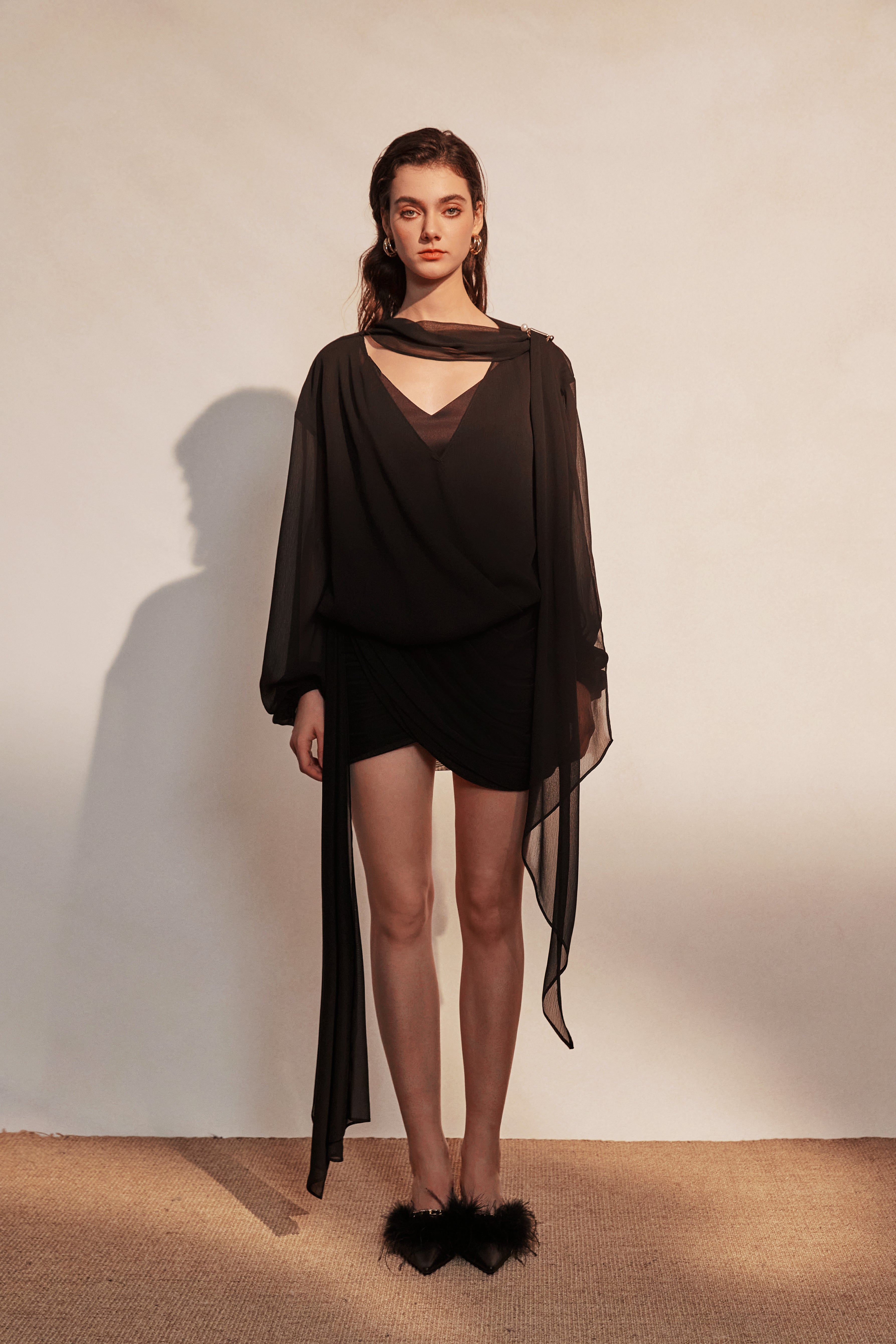 Kingwen Black V-neck long sleeved shirt + Pleated ribbon skirt set (seperate)