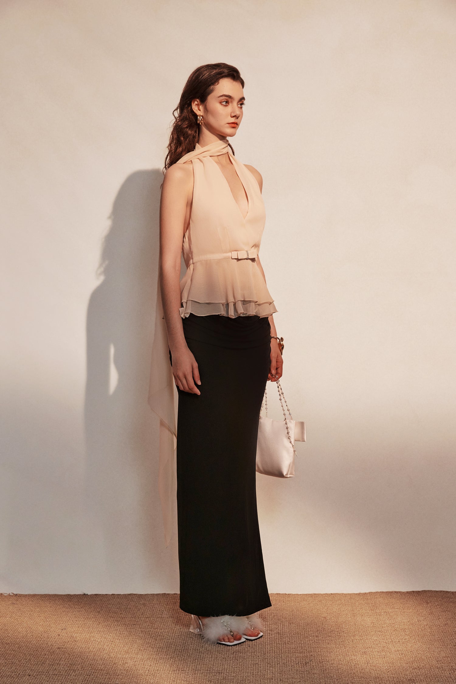 Kingwen Ribbon hanging neck top + Pleated split maxi skirt set(seperate)