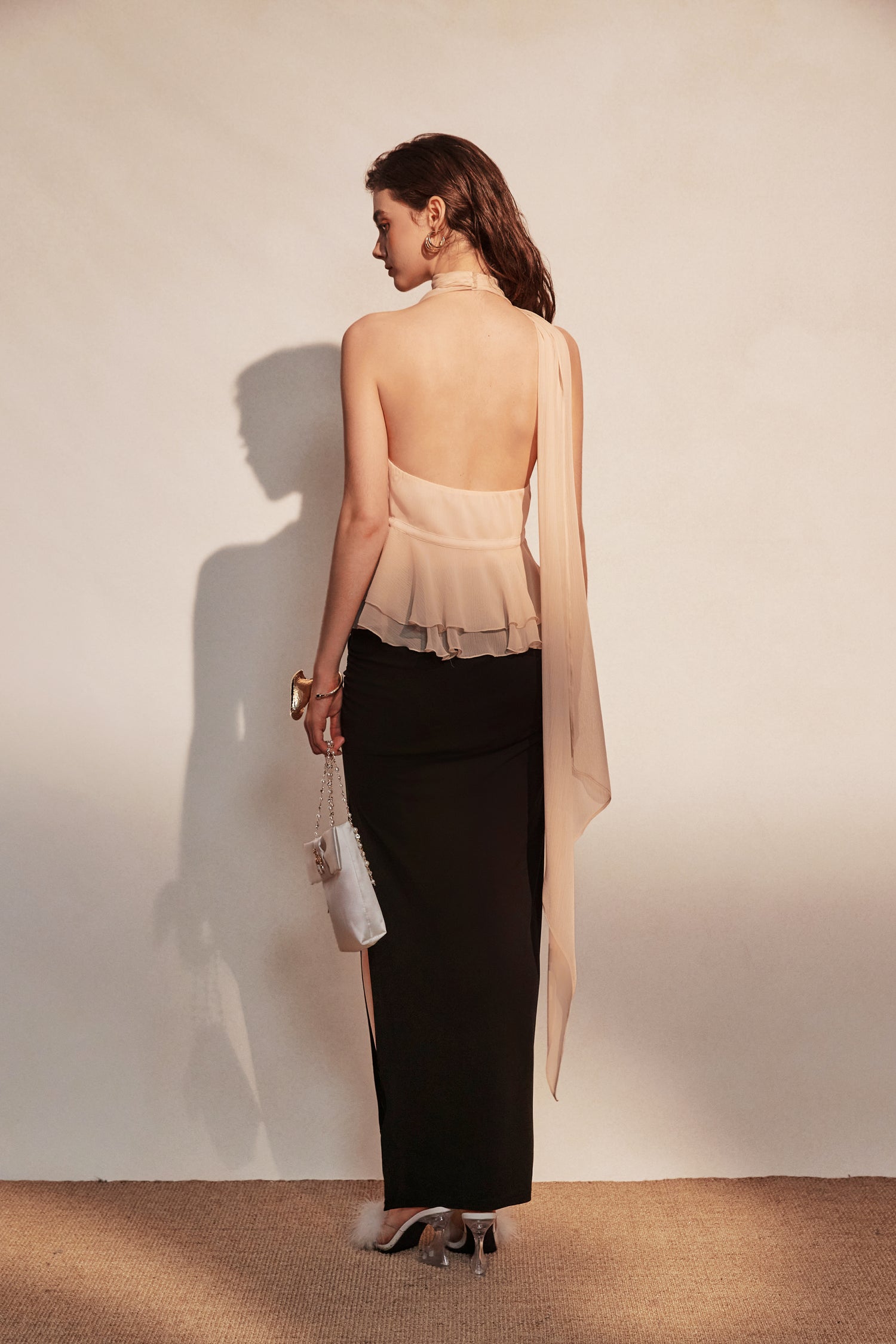 Kingwen Ribbon hanging neck top + Pleated split maxi skirt set(seperate)