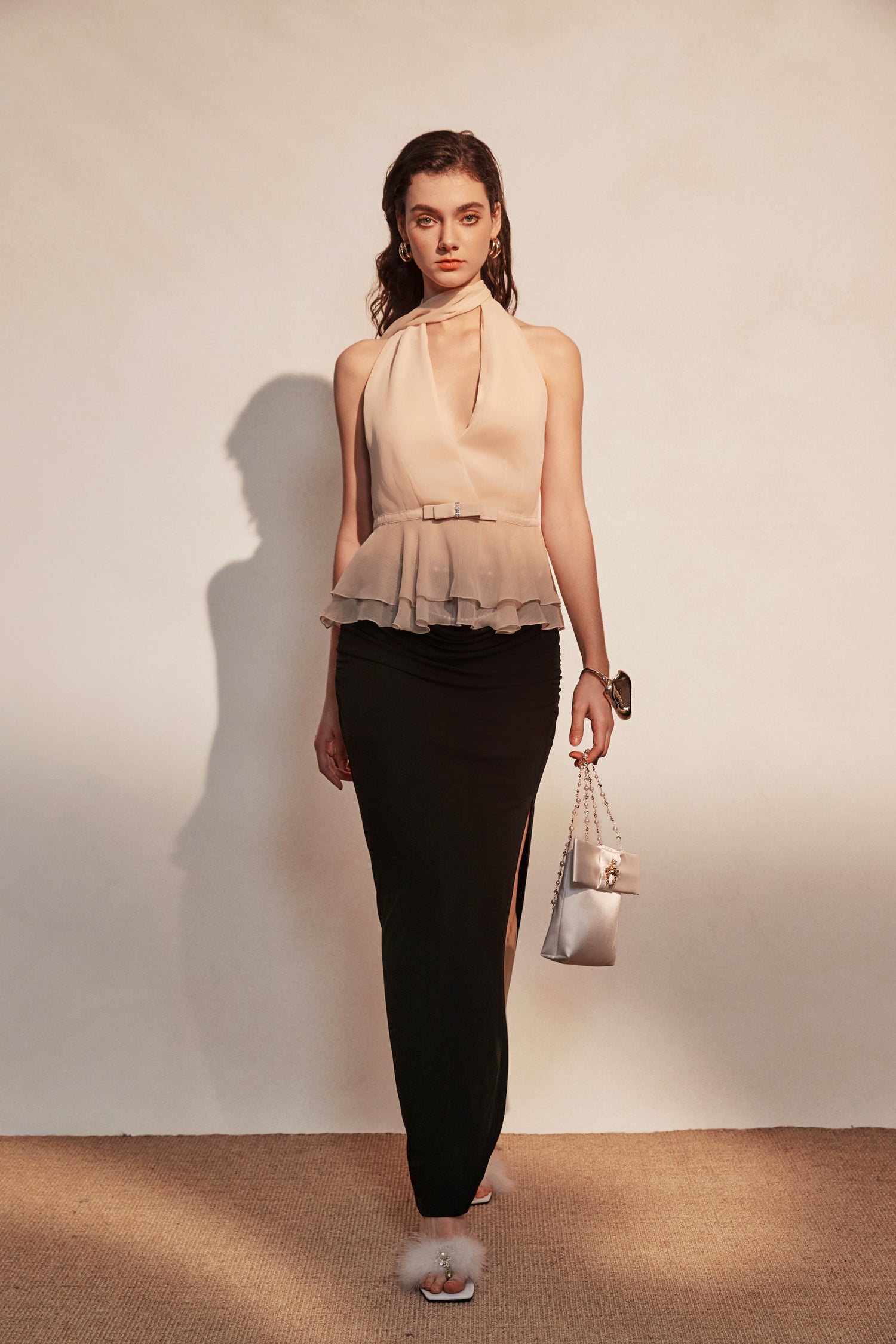 Kingwen Ribbon hanging neck top + Pleated split maxi skirt set(seperate)