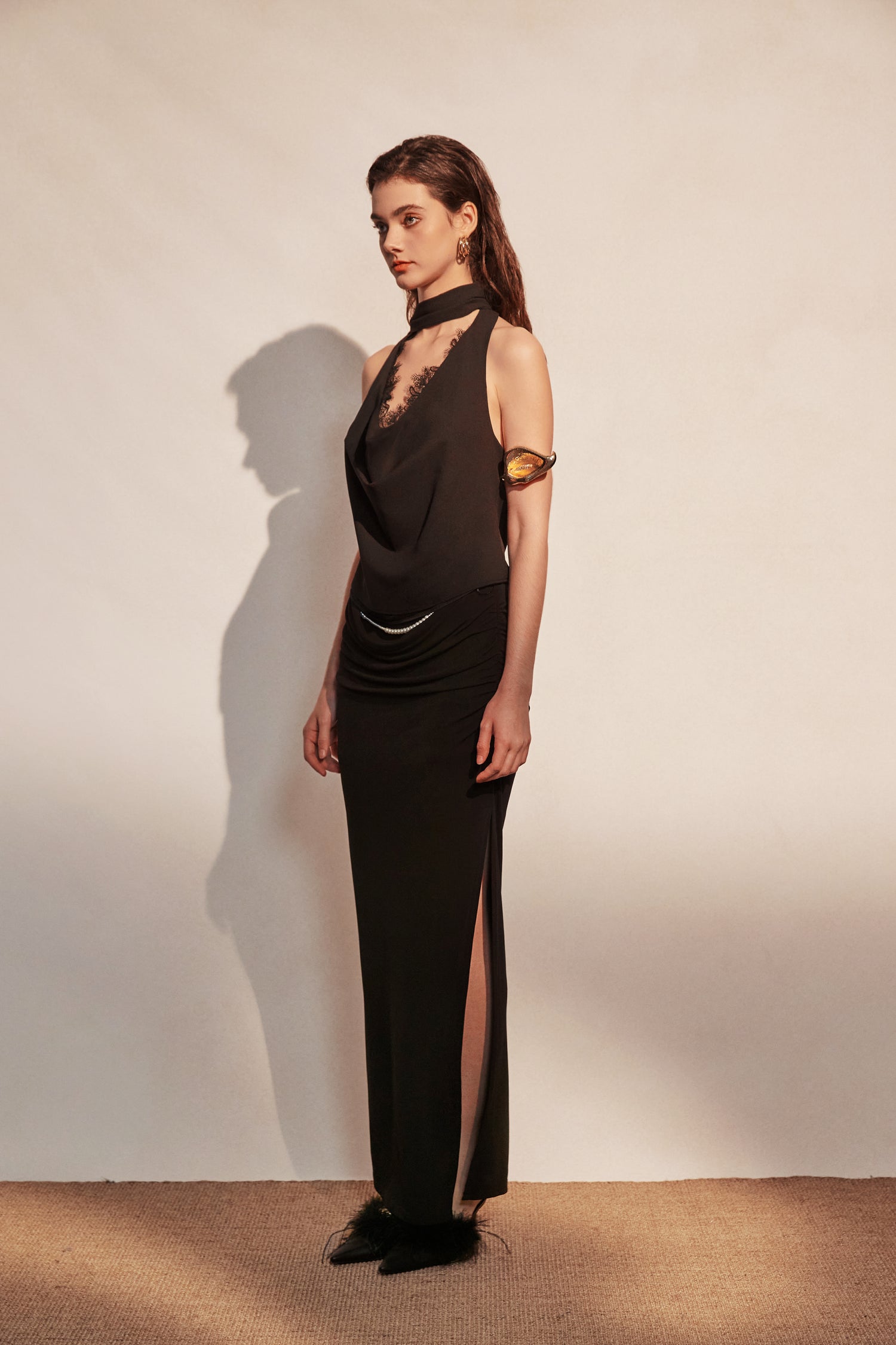 Kingwen Black ribbon top + Pleated split maxi skirt set(seperate)