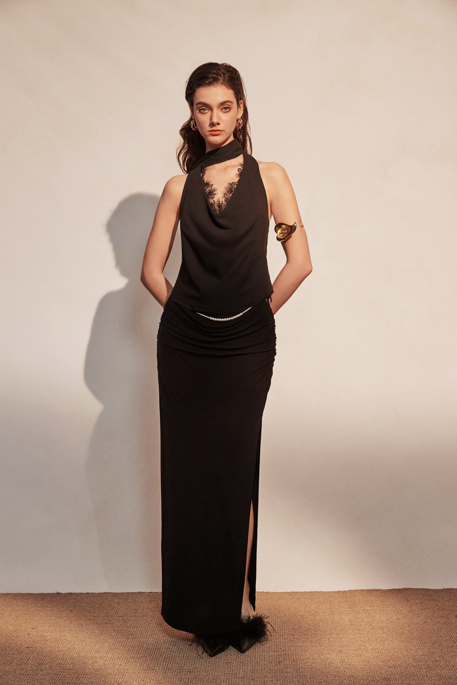 Kingwen Black ribbon top + Pleated split maxi skirt set(seperate)