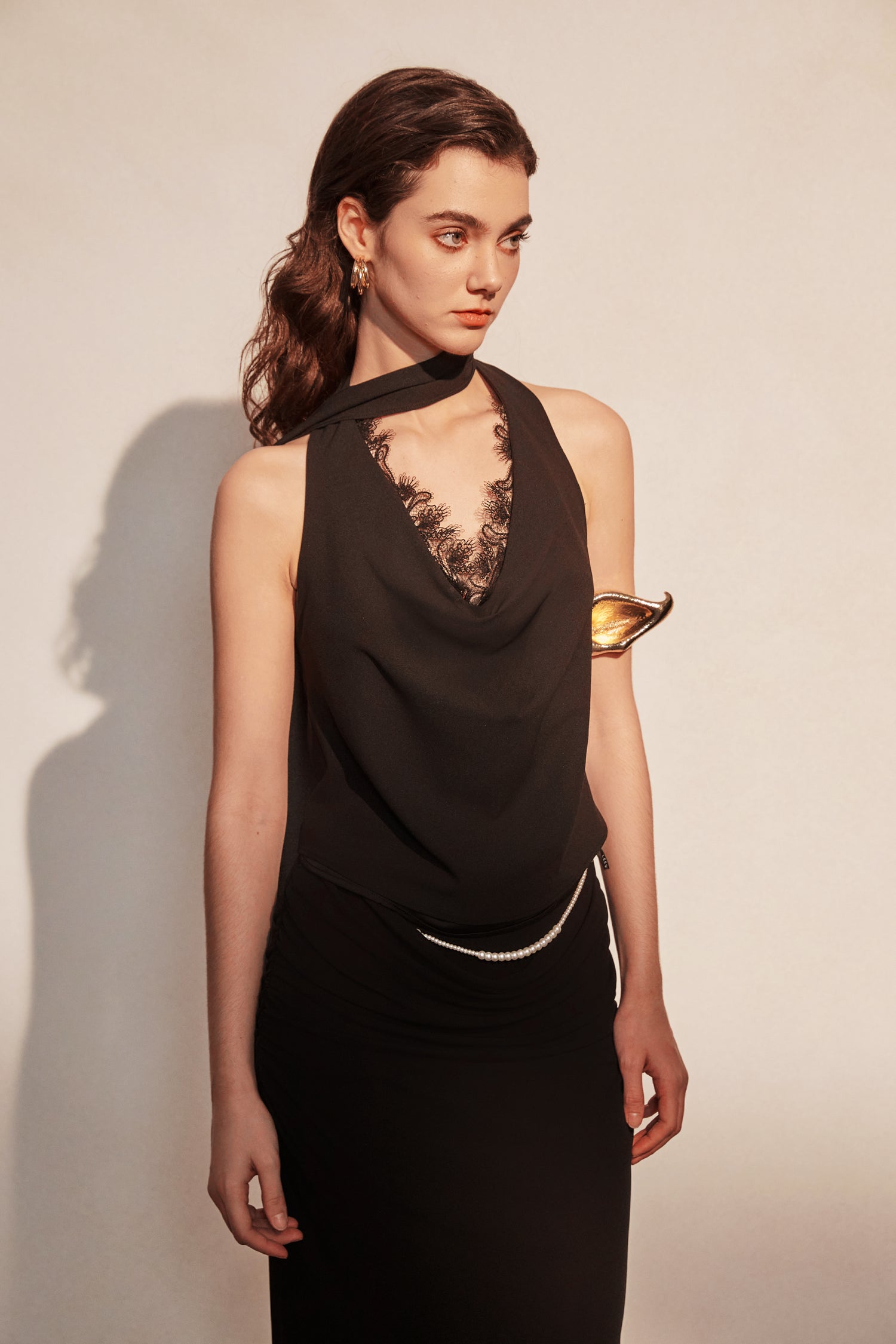 Kingwen Black ribbon top + Pleated split maxi skirt set(seperate)