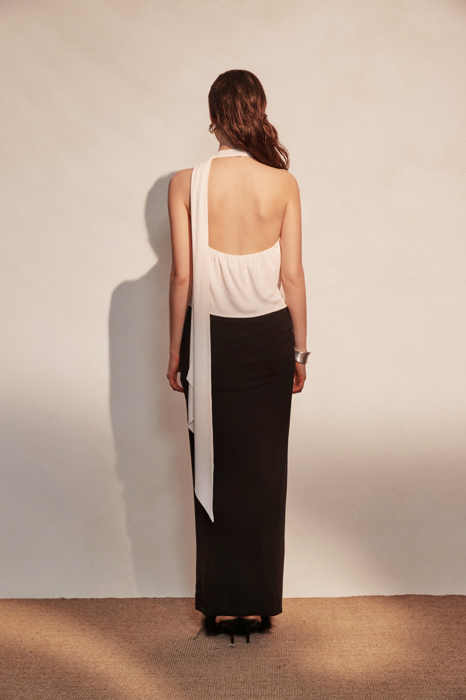 Kingwen White ribbon top + Pleated split maxi skirt set(seperate)
