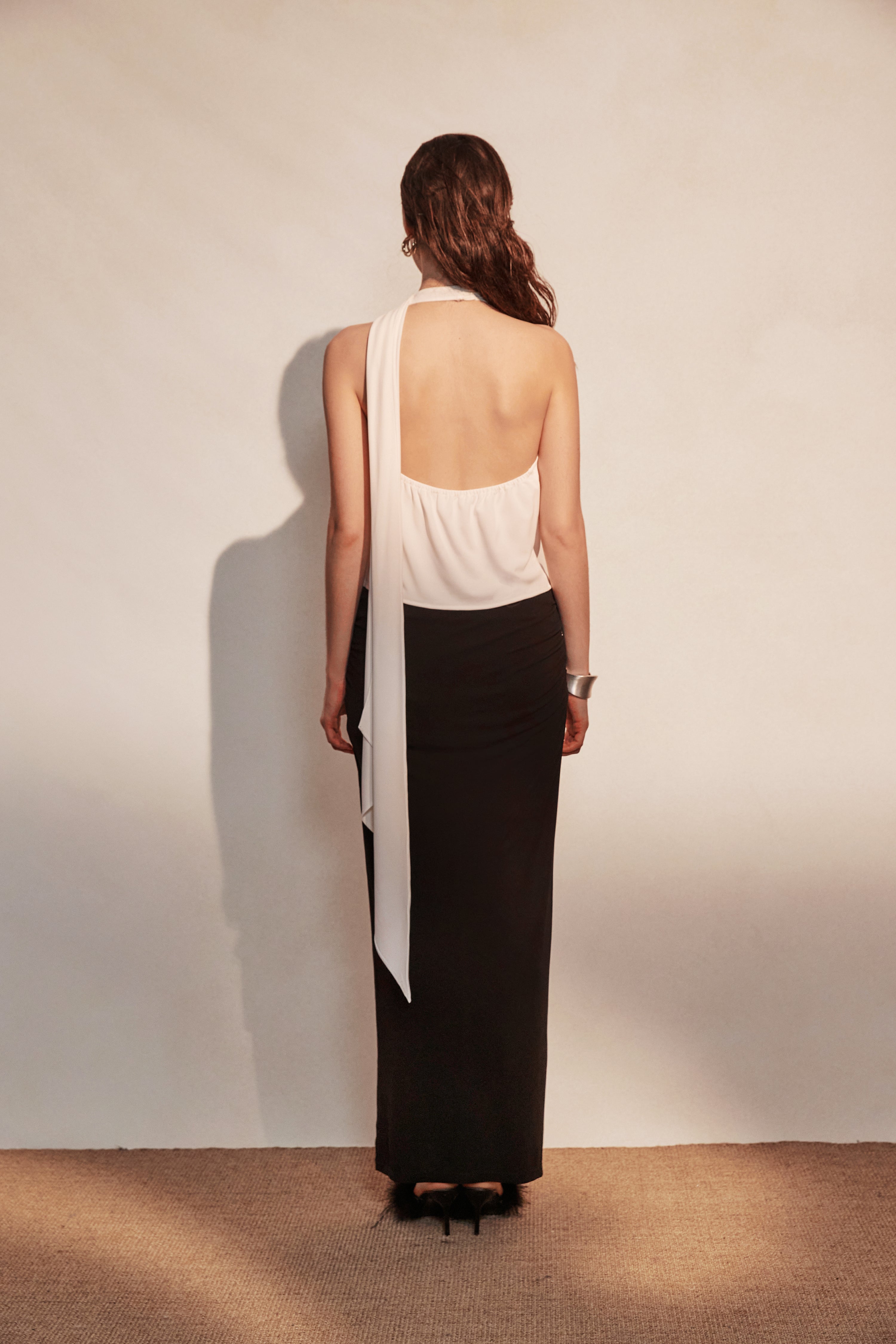 Kingwen White ribbon top + Pleated split maxi skirt set(seperate)