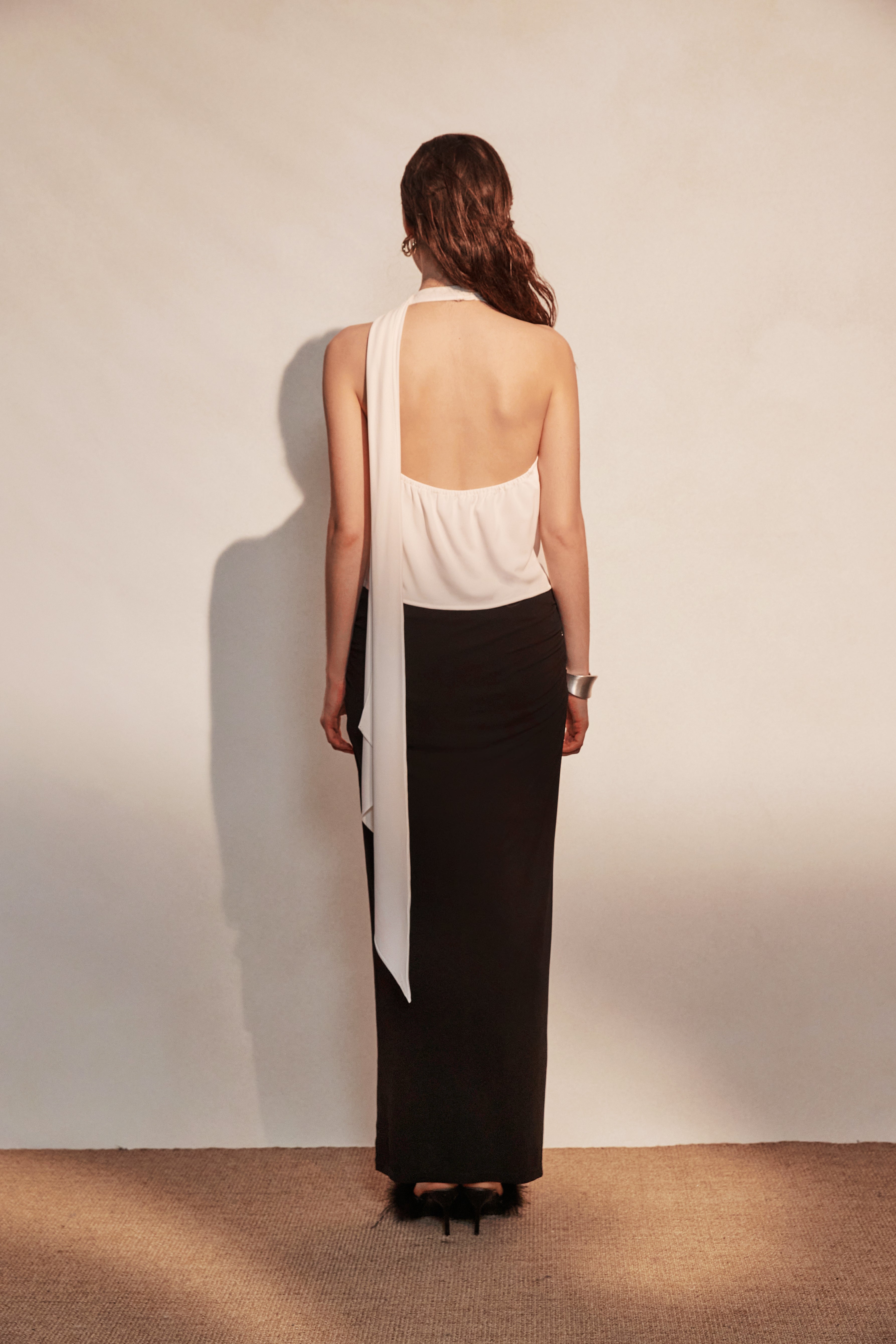 Kingwen White ribbon top + Pleated split maxi skirt set(seperate)
