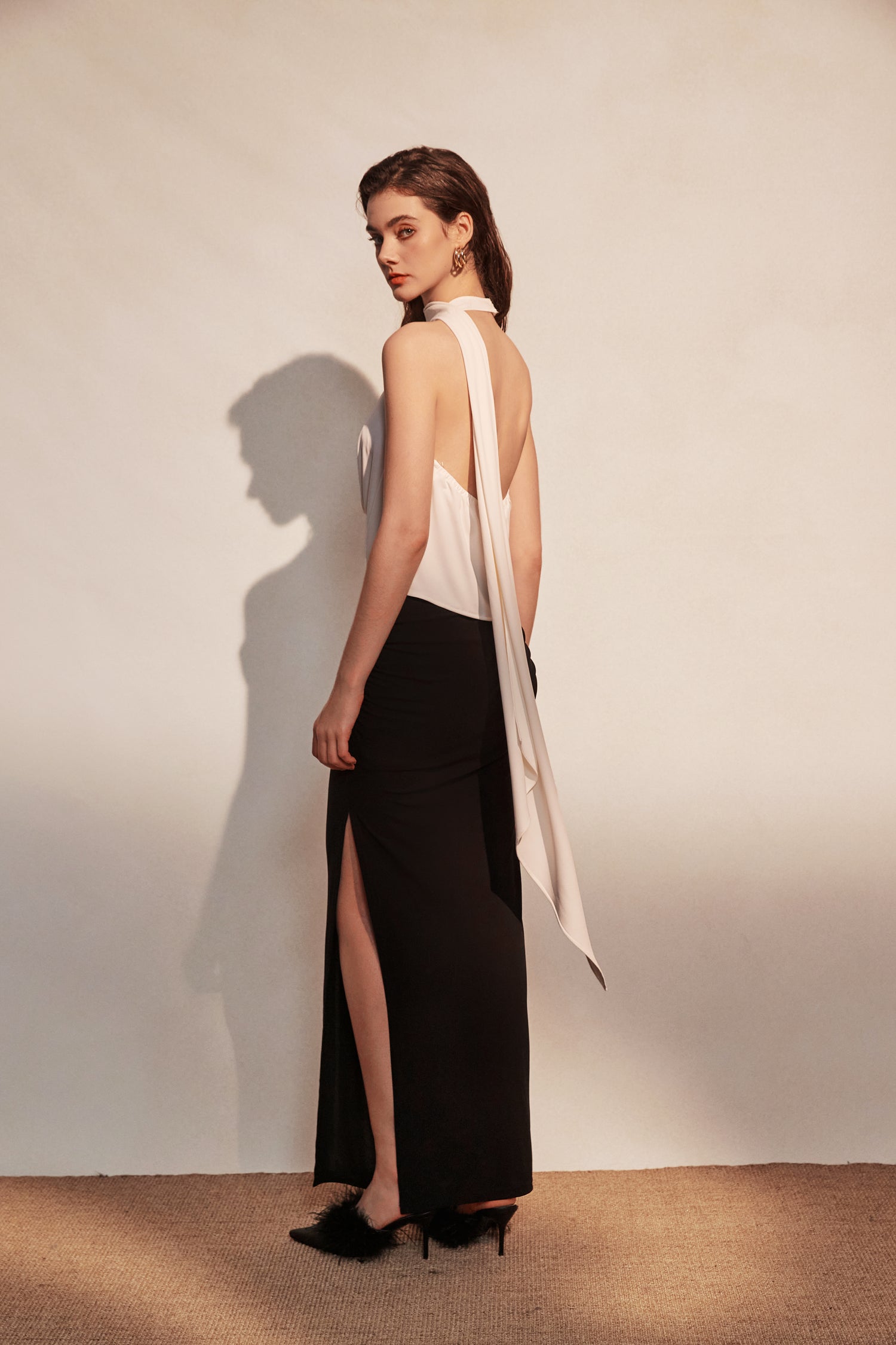 Kingwen White ribbon top + Pleated split maxi skirt set(seperate)