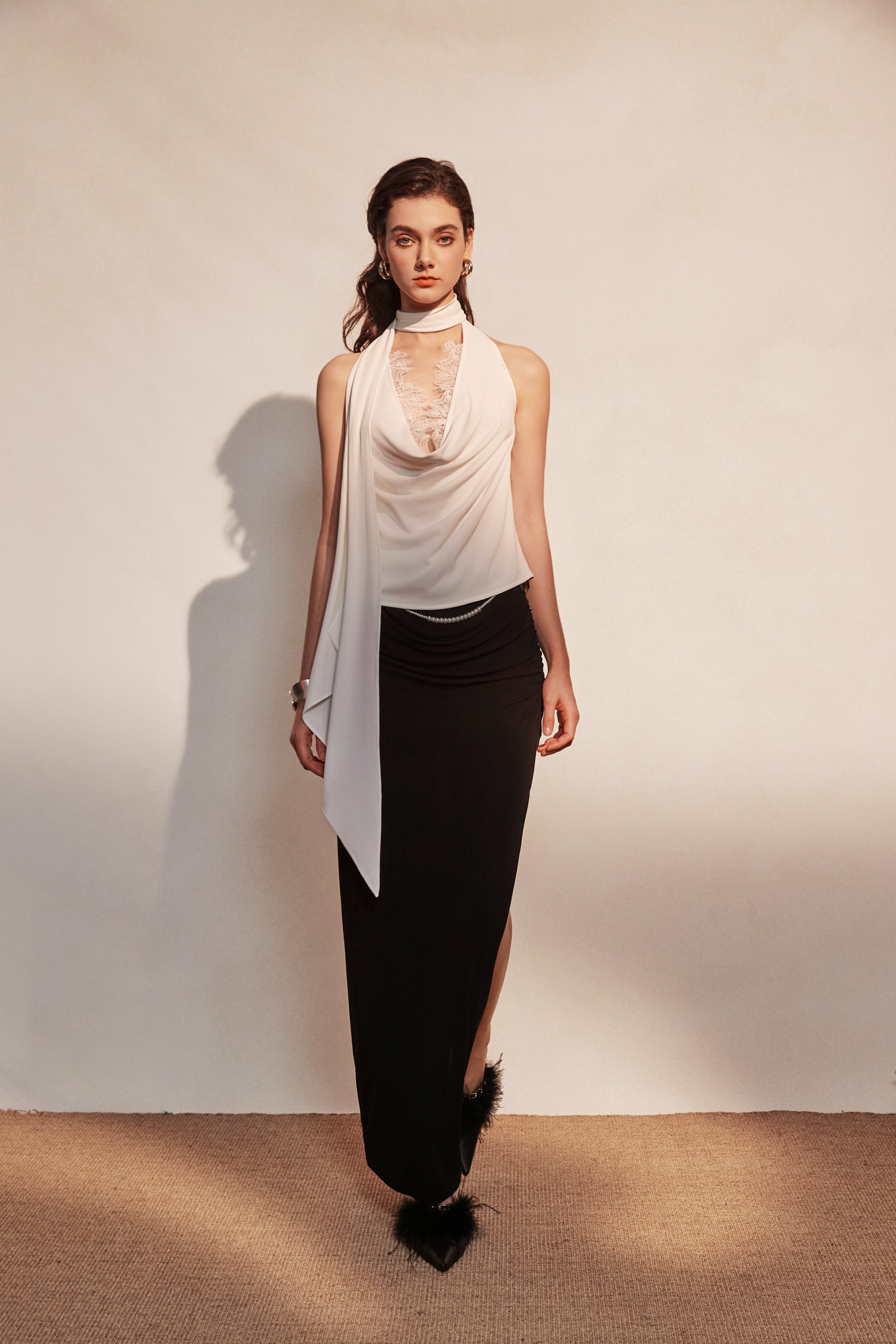 Kingwen White ribbon top + Pleated split maxi skirt set(seperate)