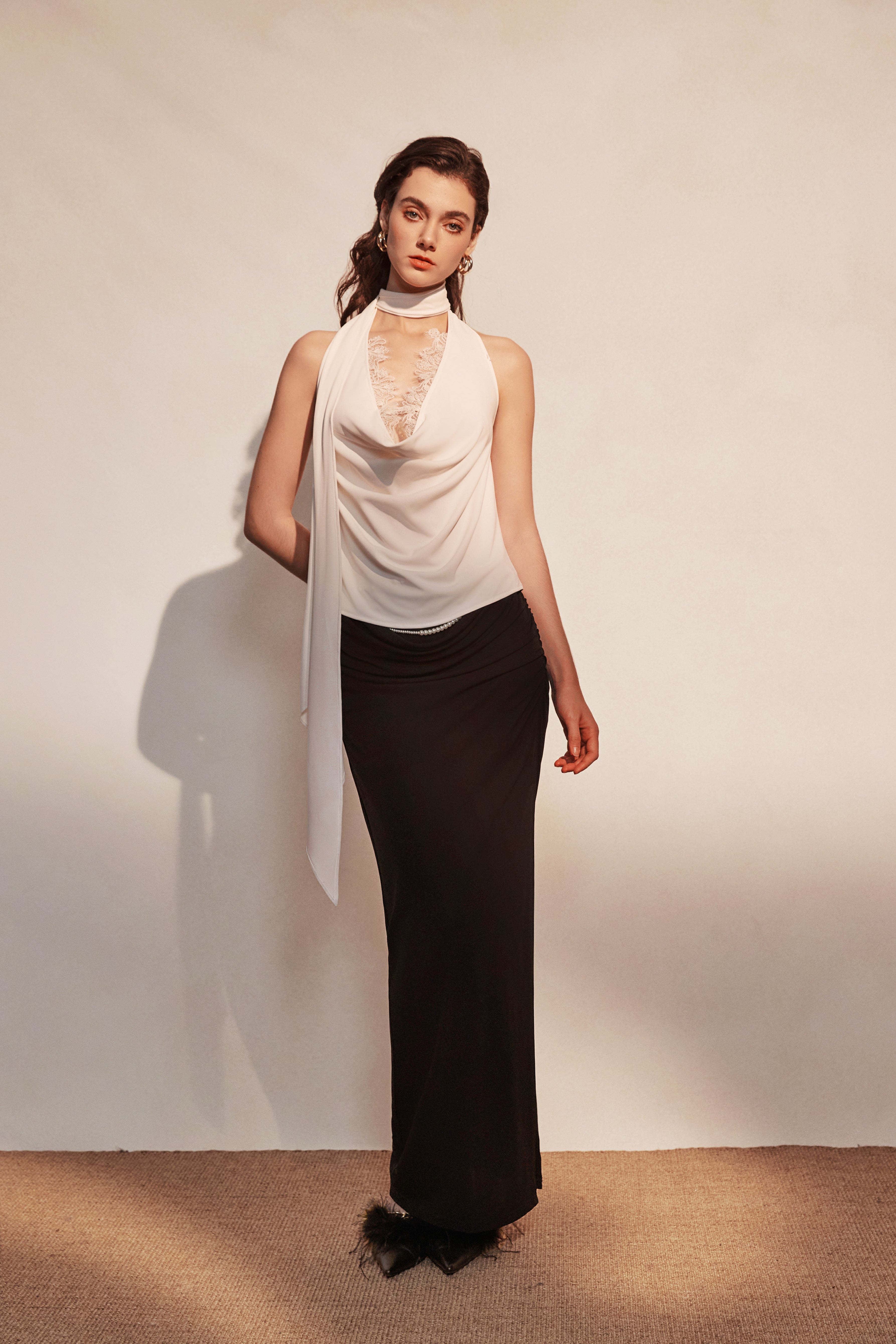 Kingwen White ribbon top + Pleated split maxi skirt set(seperate)