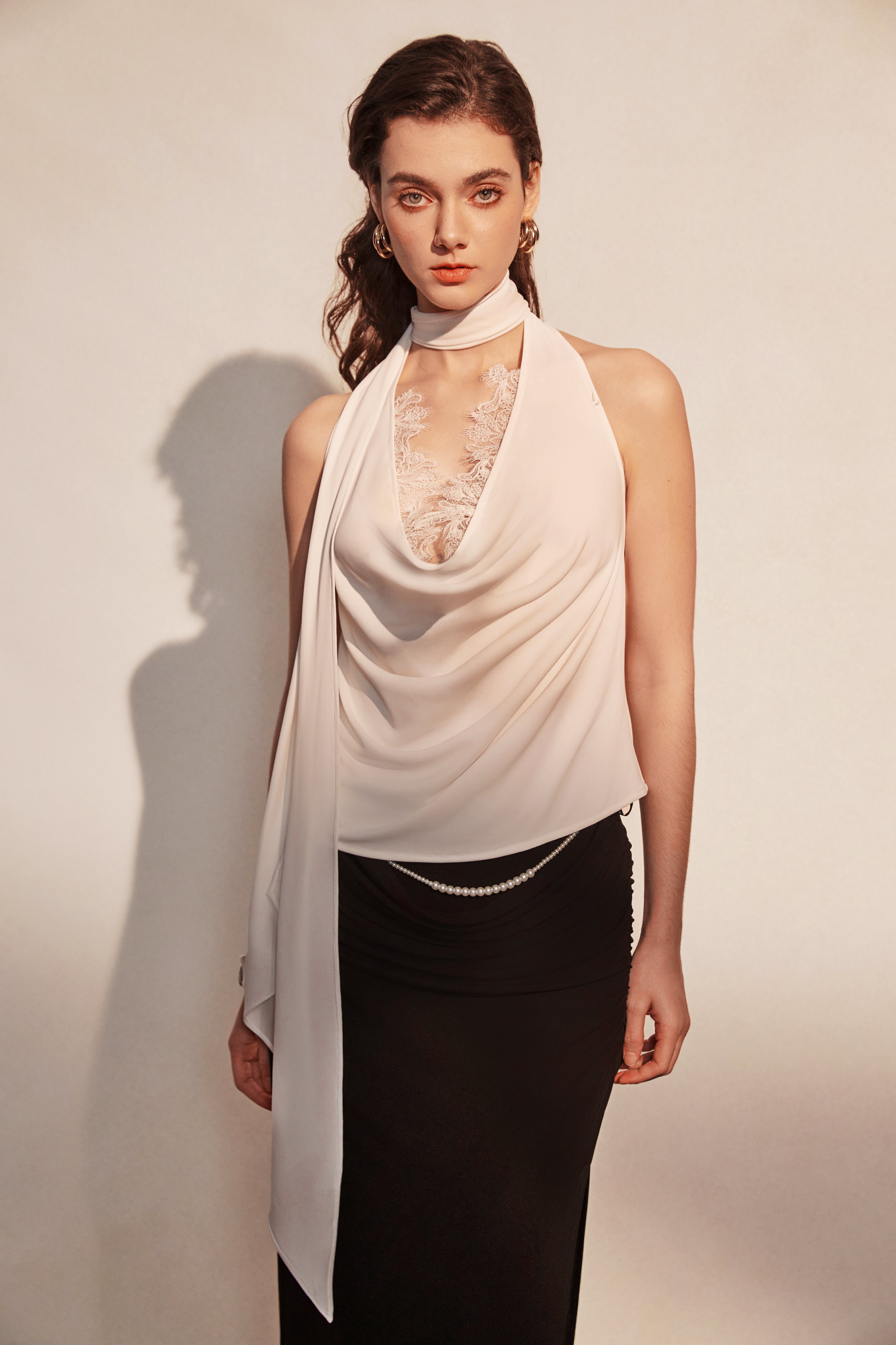 Kingwen White ribbon top + Pleated split maxi skirt set(seperate)