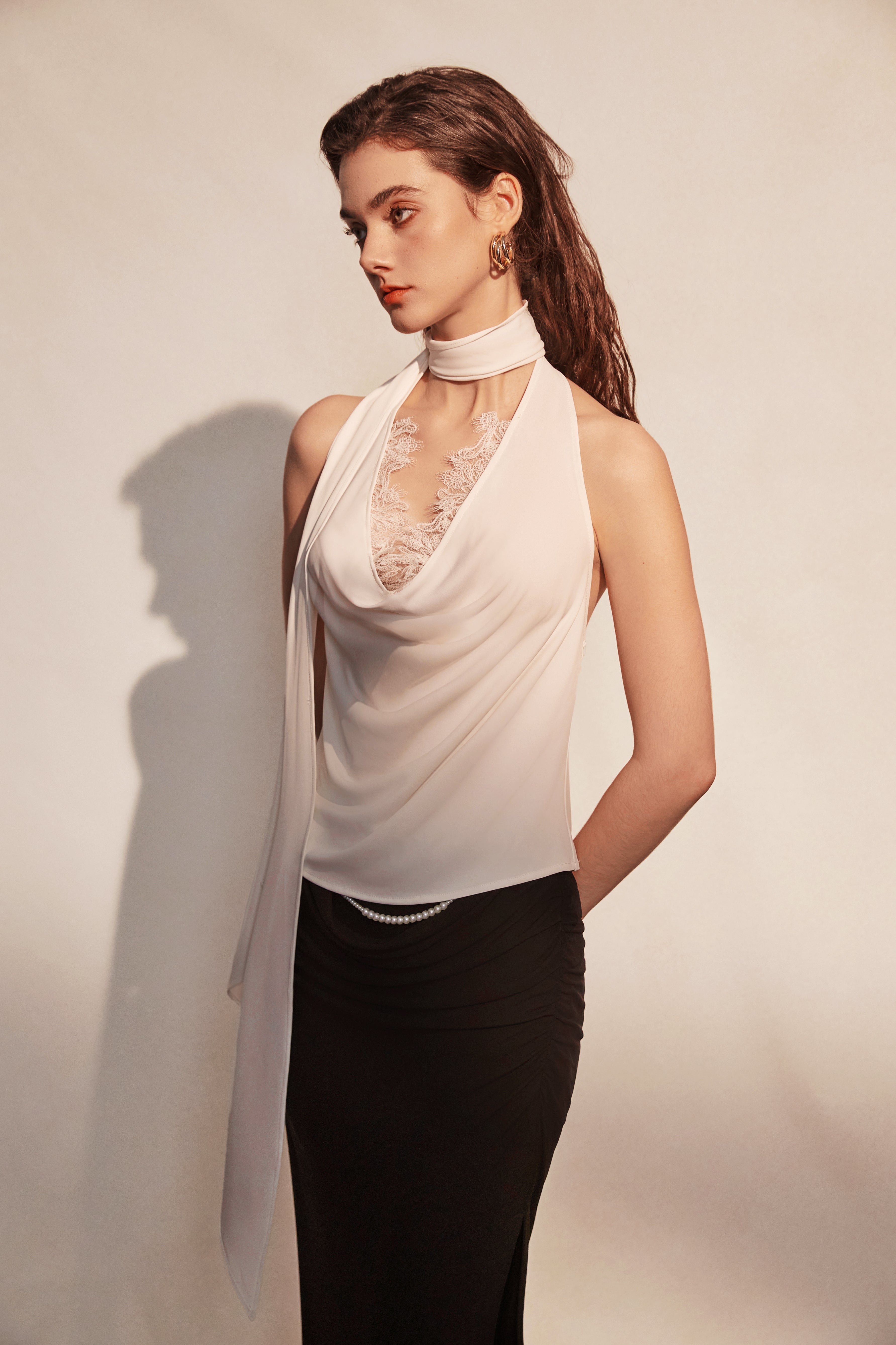 Kingwen White ribbon top + Pleated split maxi skirt set(seperate)