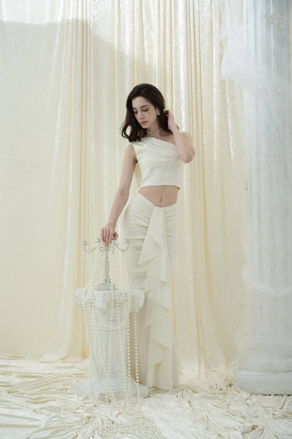 Crow Crew White one shoulder top + skirt set