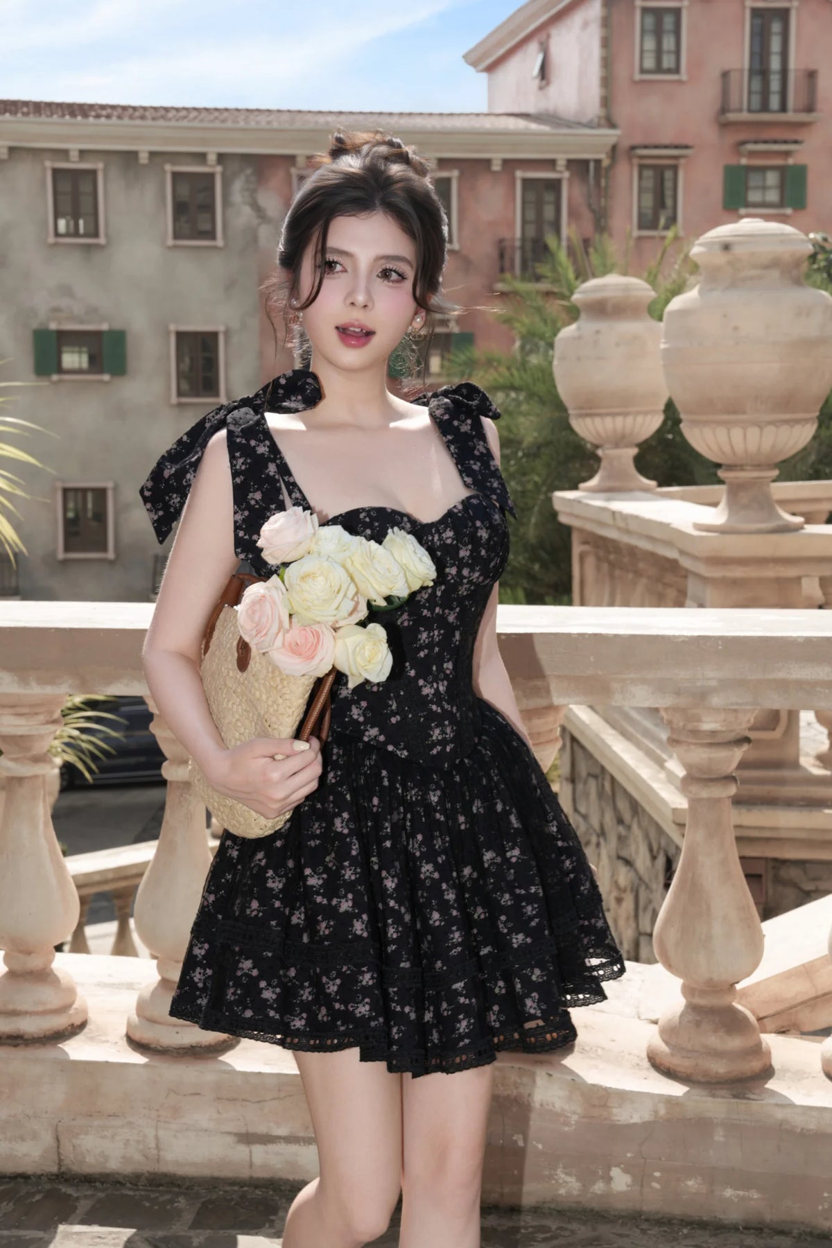 BEL ANGE ROSELINE FLORA BLACK DRESS