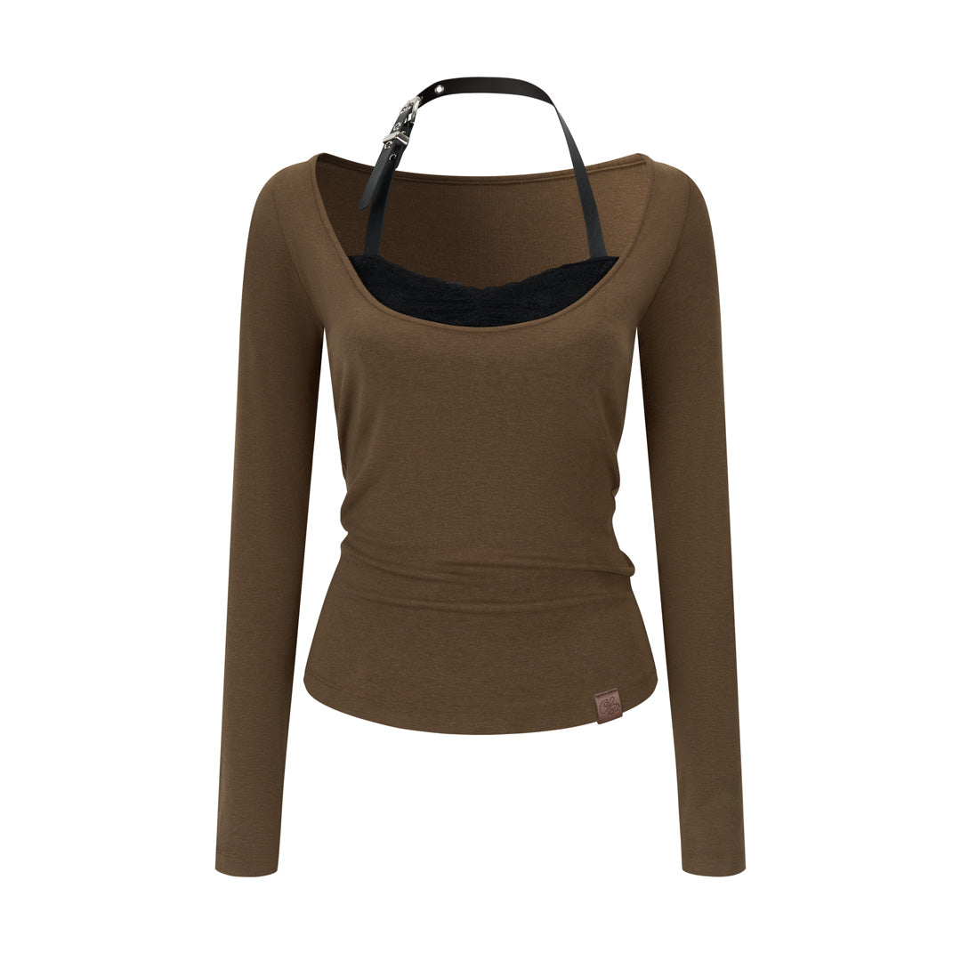 VIA PITTI VIADTP751 Lace patchwork leather edge contrasting long sleeved T