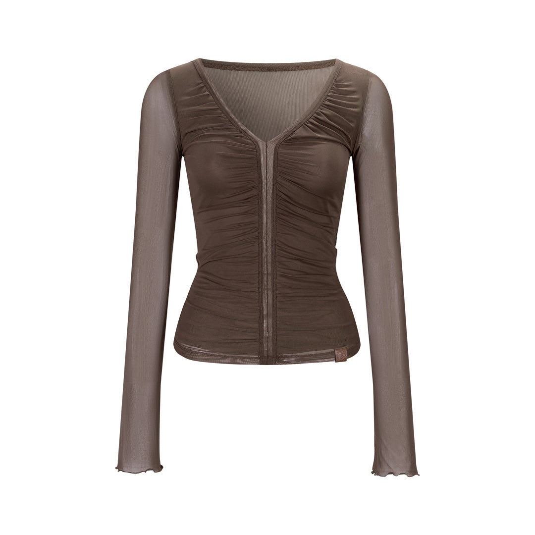 VIA PITTI VIABTP473 V-neck pleated mesh slim fit top