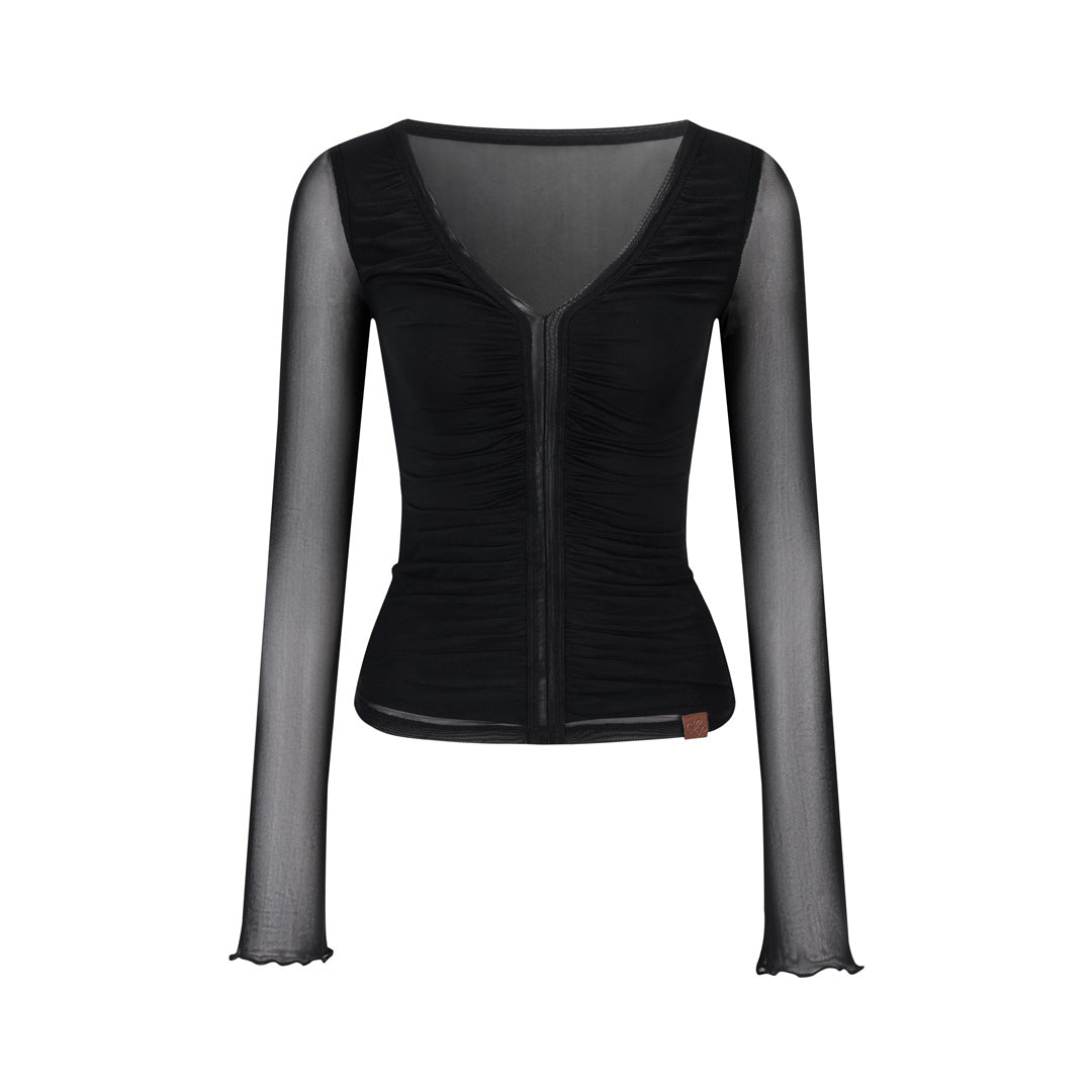 VIA PITTI VIABTP473 V-neck pleated mesh slim fit top