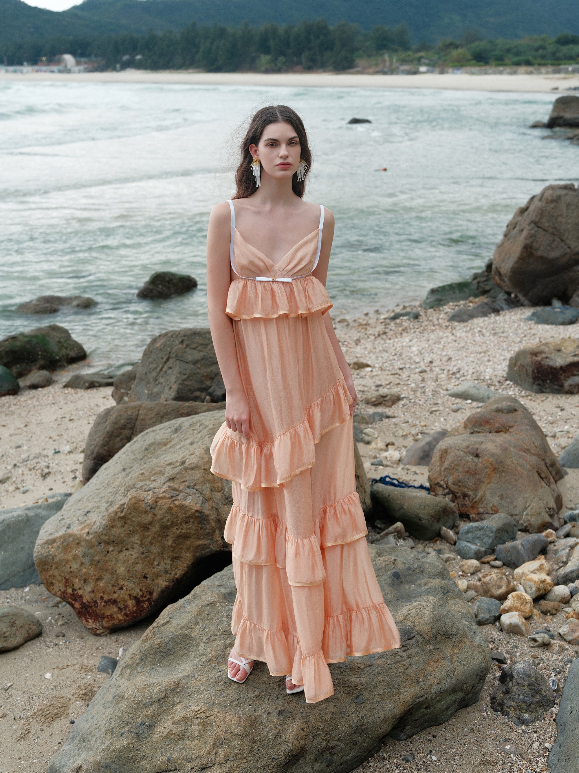 SHEERLUCK SLLYQ25108 Vacation style multi-layer camisole dress (2color)