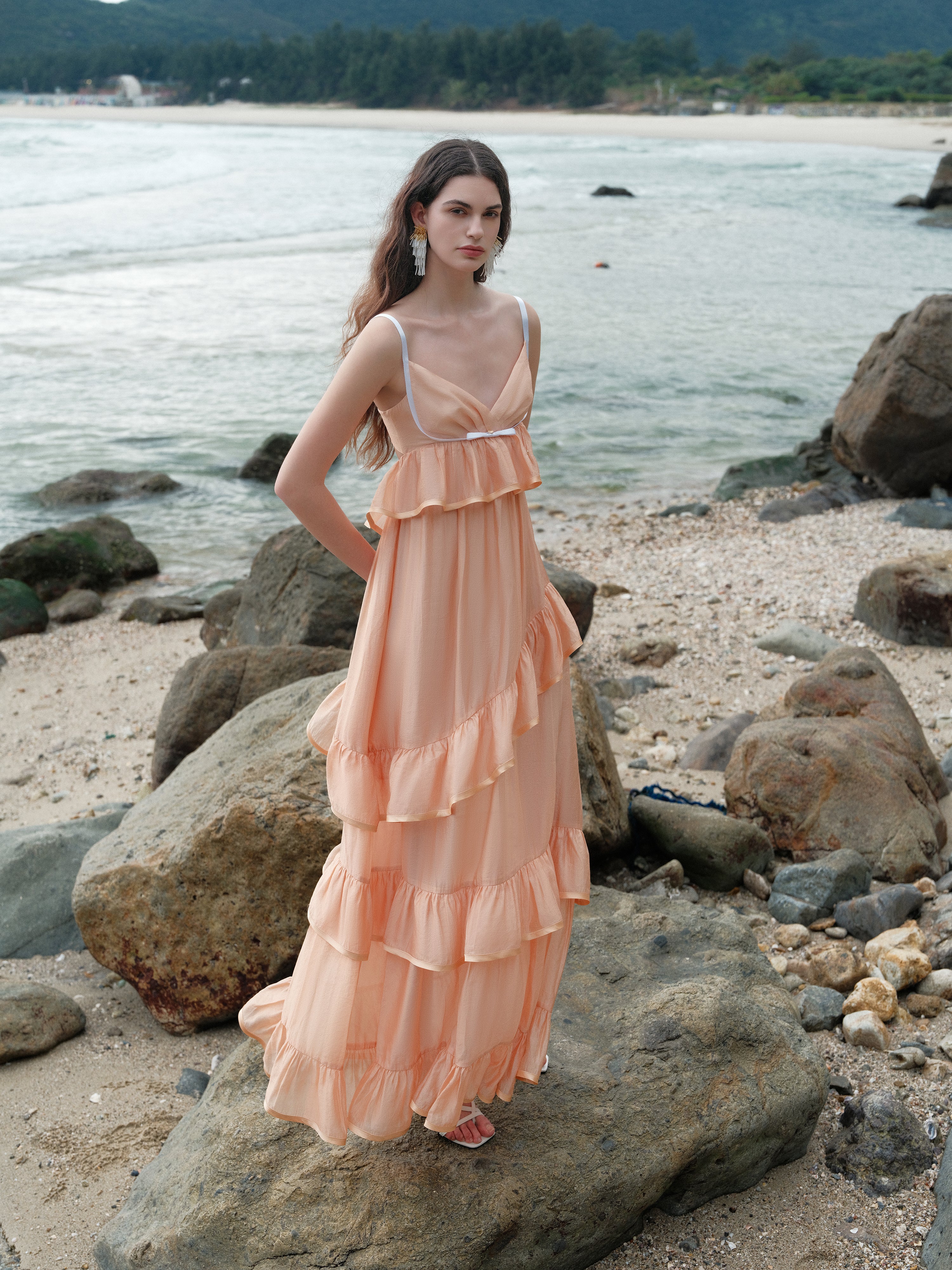 SHEERLUCK SLLYQ25108 Vacation style multi-layer camisole dress (2color)
