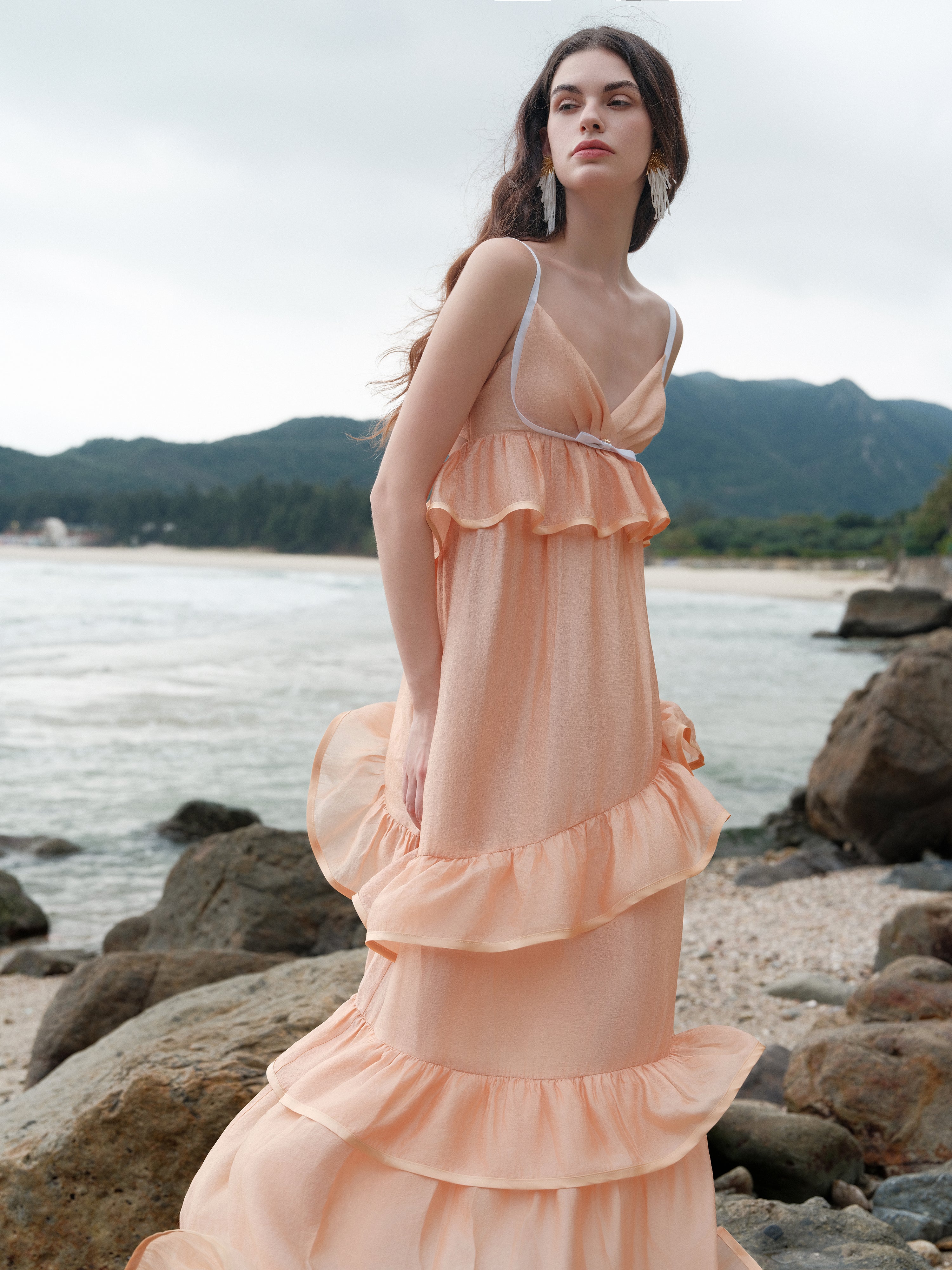 SHEERLUCK SLLYQ25108 Vacation style multi-layer camisole dress (2color)