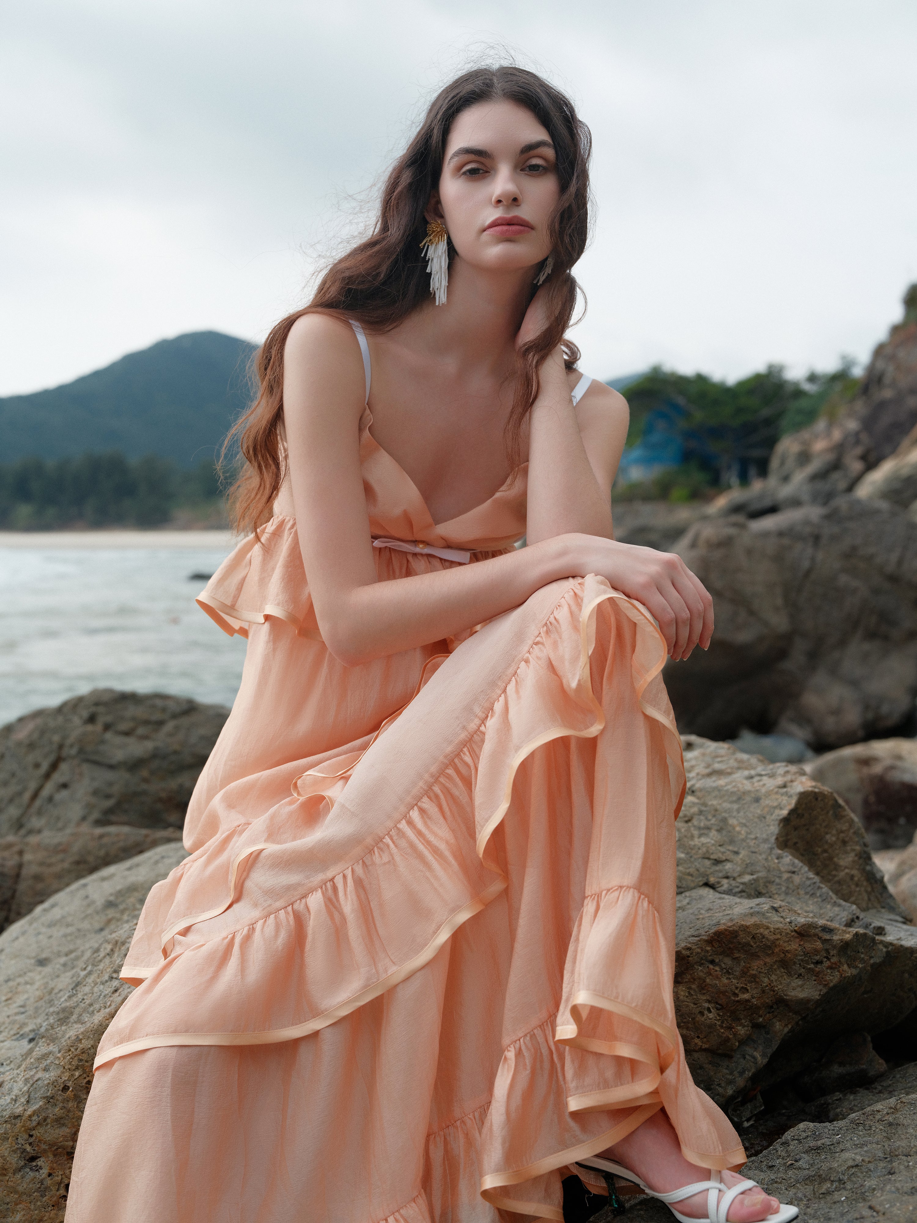 SHEERLUCK SLLYQ25108 Vacation style multi-layer camisole dress (2color)