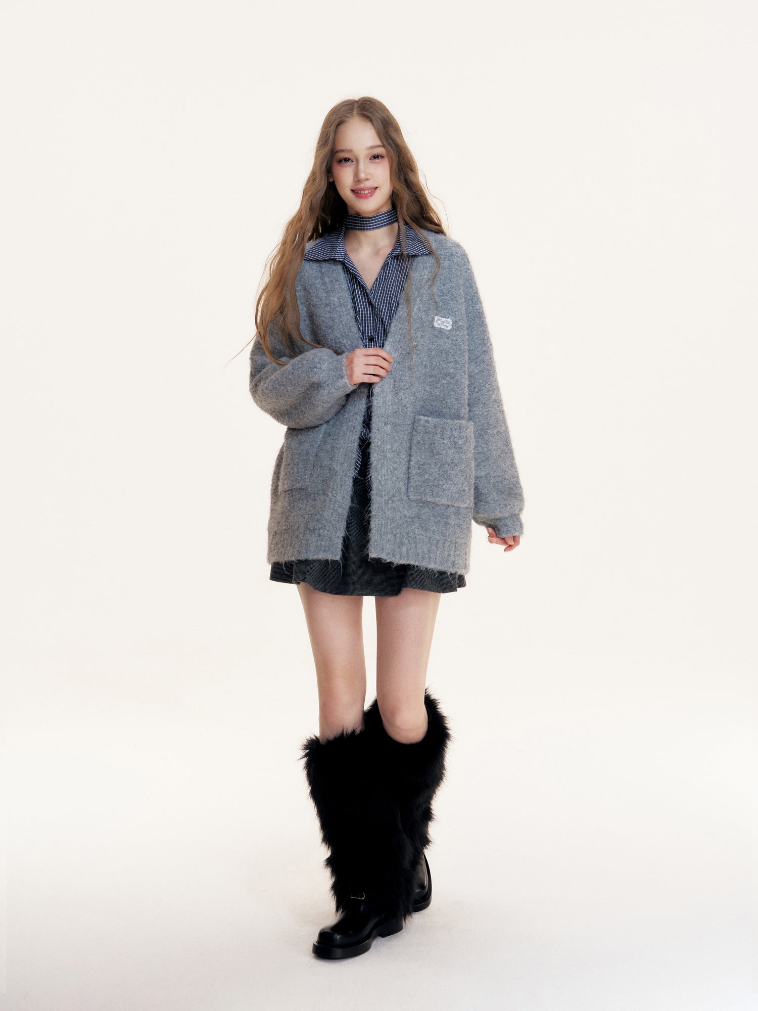 16DEWS 16D25420 Grid V-neck long sleeved shirt (with ribbon)