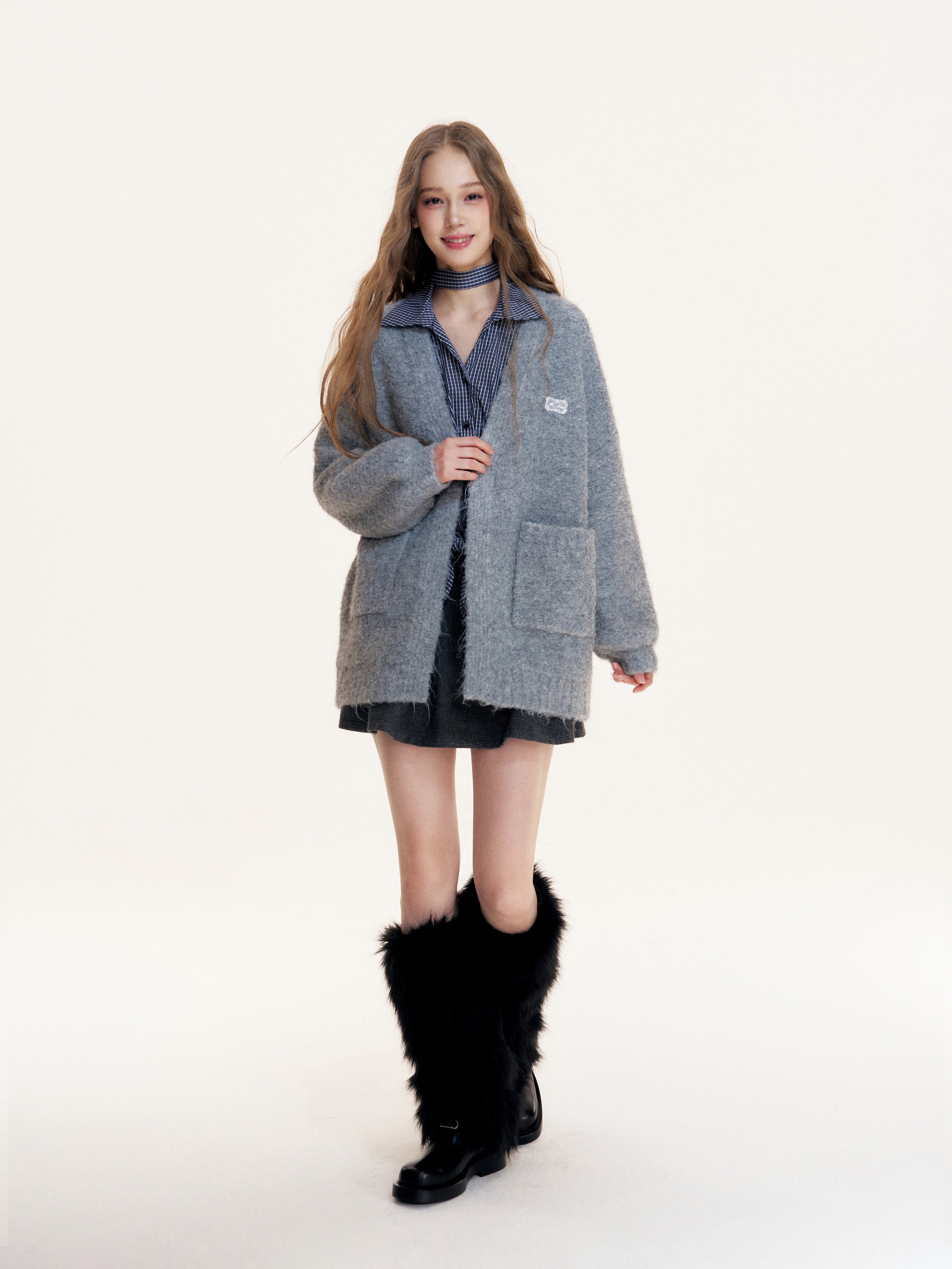 16DEWS 16D25420 Grid V-neck long sleeved shirt (with ribbon)