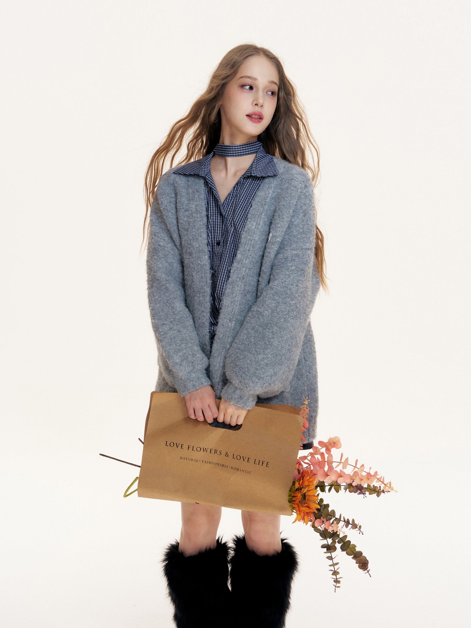 16DEWS 16D25420 Grid V-neck long sleeved shirt (with ribbon)