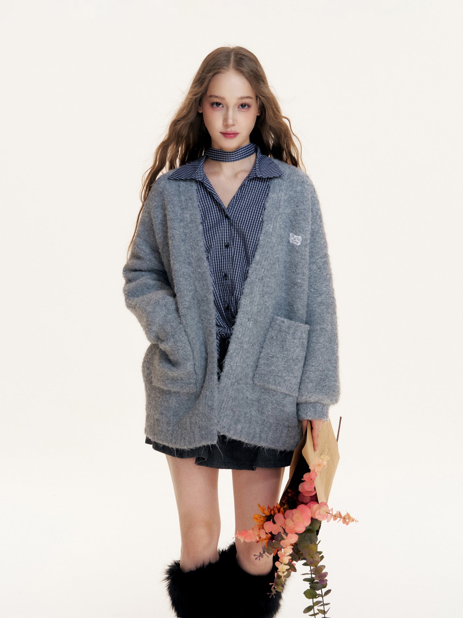 16DEWS 16D25420 Grid V-neck long sleeved shirt (with ribbon)