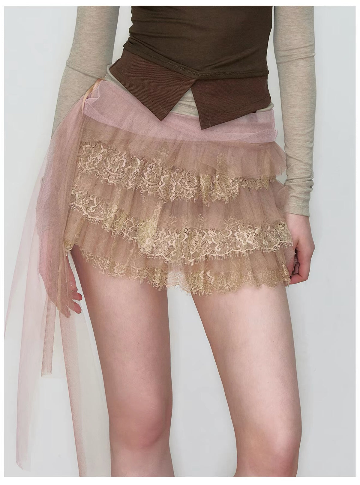 VIA PITTI VIAAS813 Nude Lace Tiered Mini Skirt