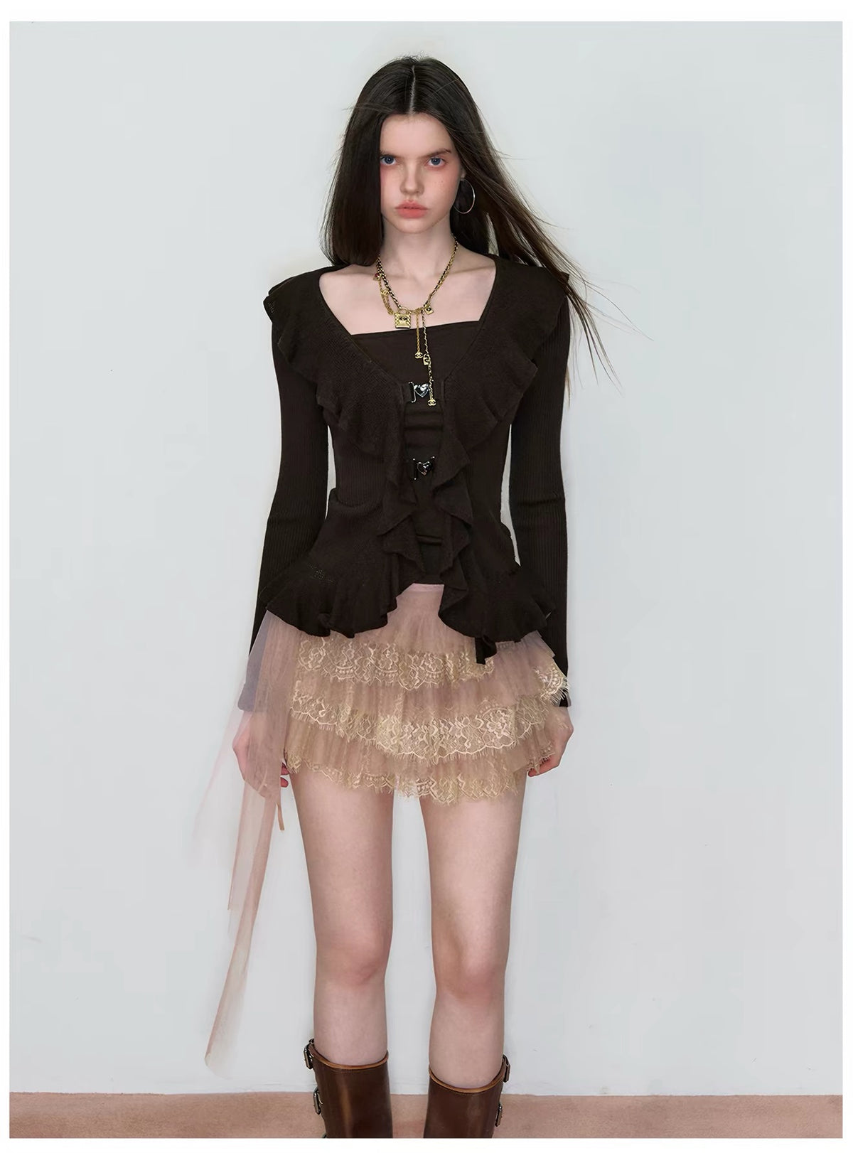 VIA PITTI VIAAS813 Nude Lace Tiered Mini Skirt