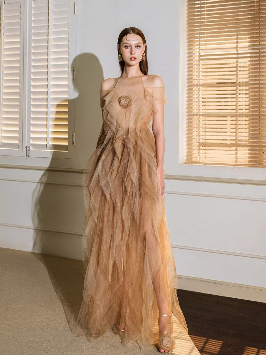 nude fall dress Off-shoulder Nude Tulle Floral Lace Dreamy Bridal Dress