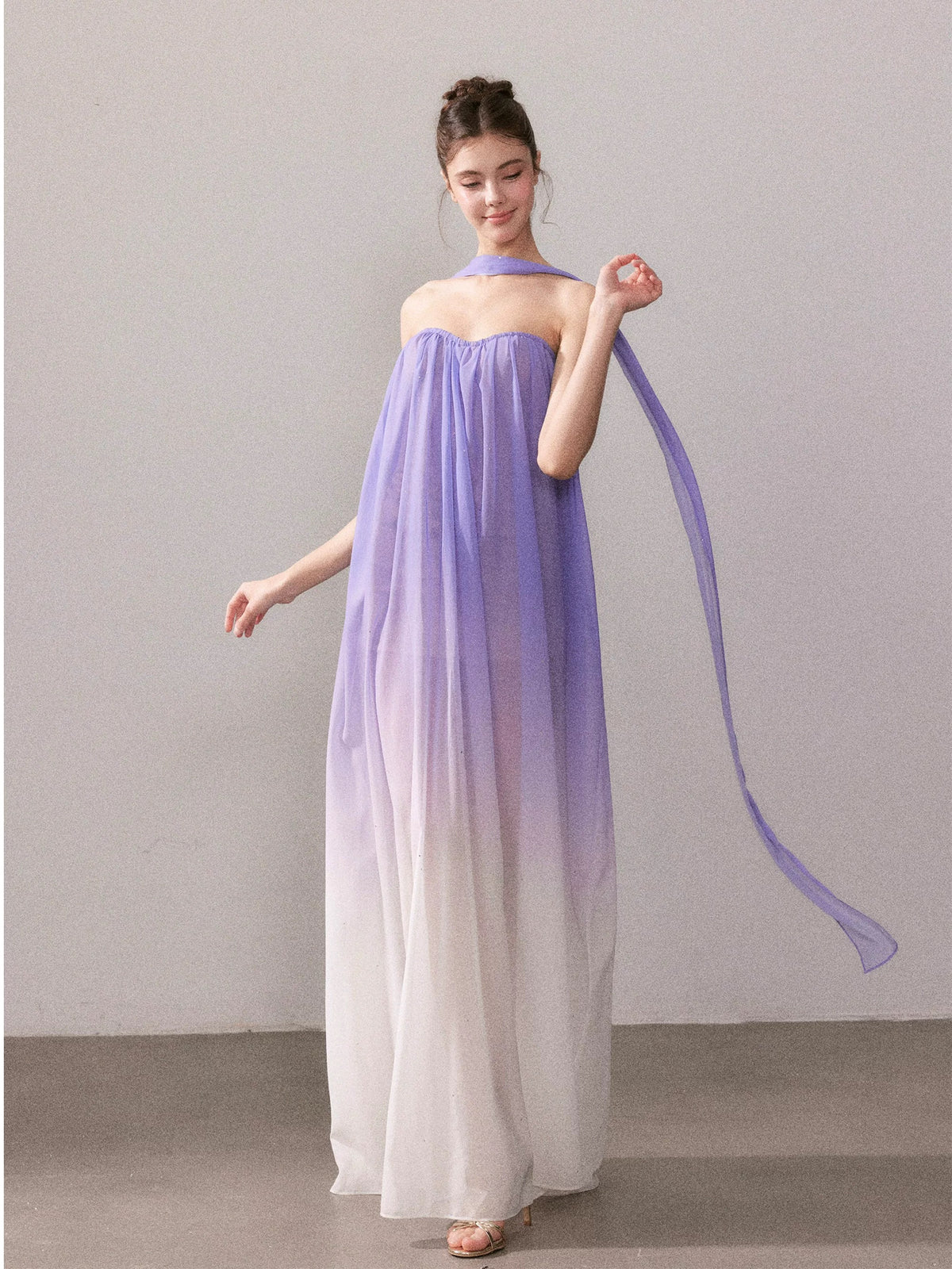 YZZI HE French romantic purple gradient strapless maxi dress