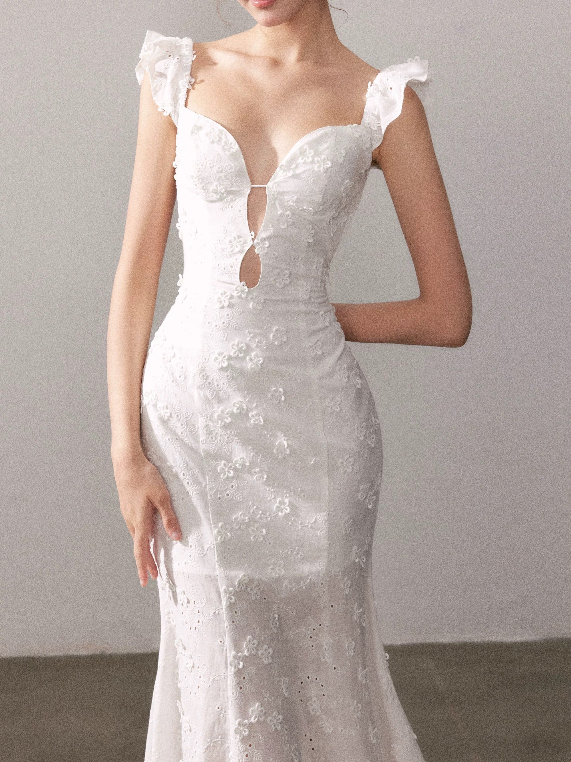 YZZI HE Cream white lace slim floral dress