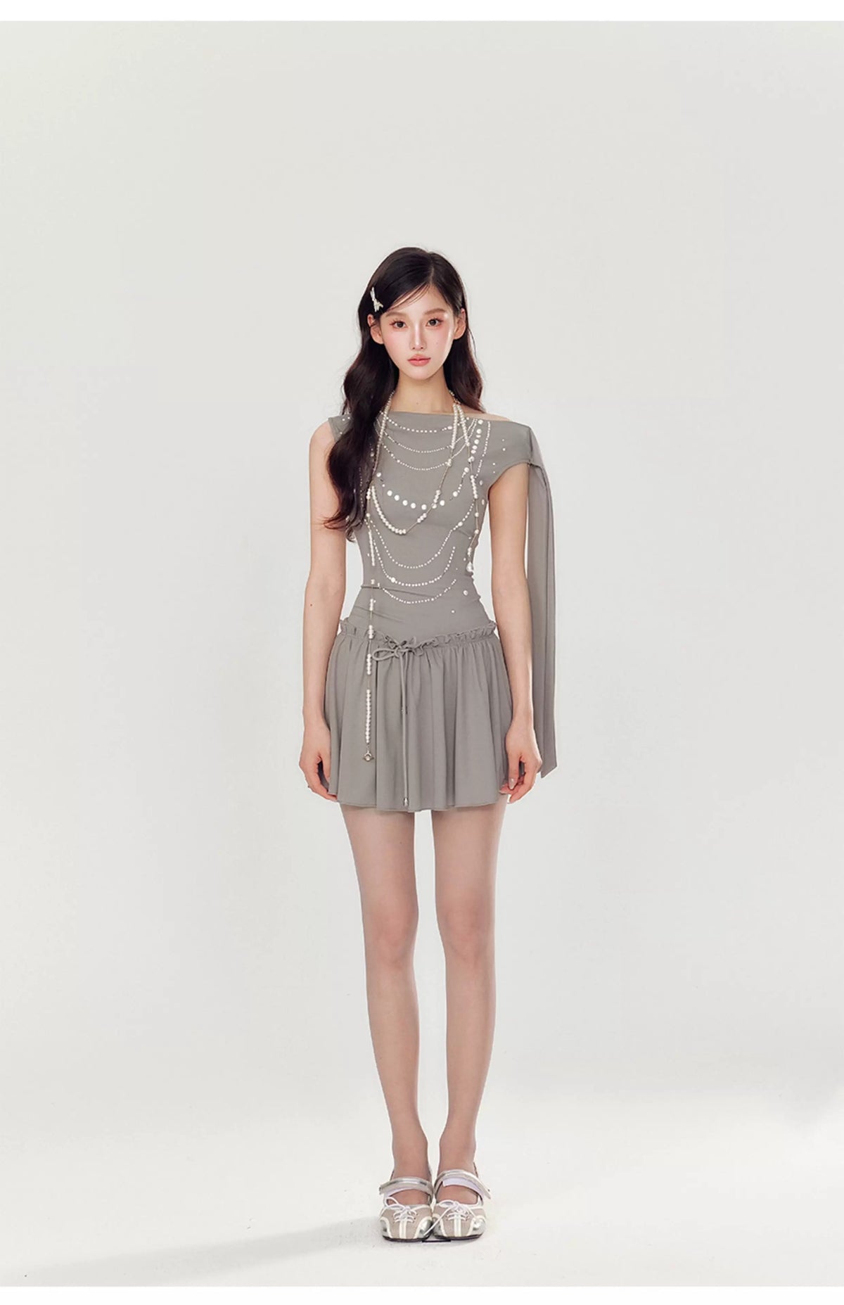 YZZI HE Slanted shoulder pearl hot stamping dress