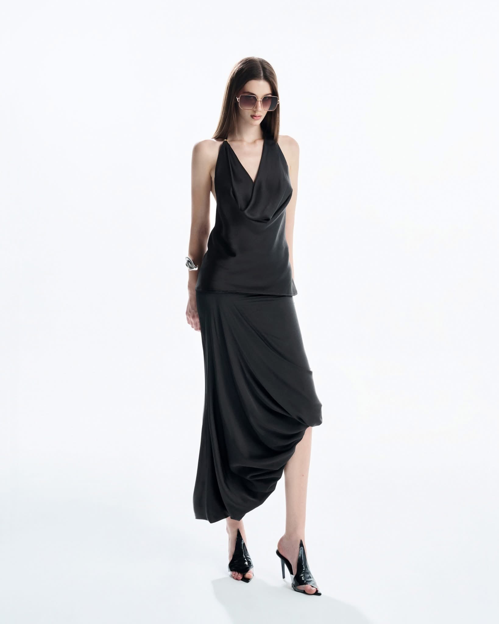 MUST HAVE Stain Draped Neckline Top & Midi Wrap Skirt