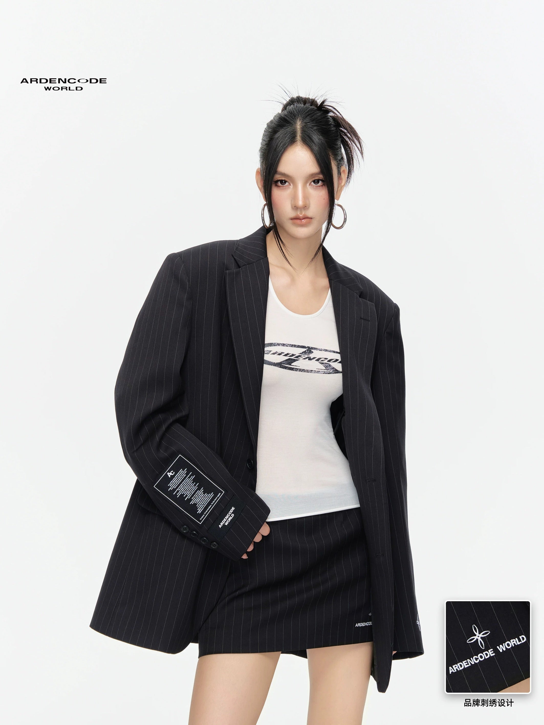 Arden Code Embroidered shoulder pad blend jacket + skirt