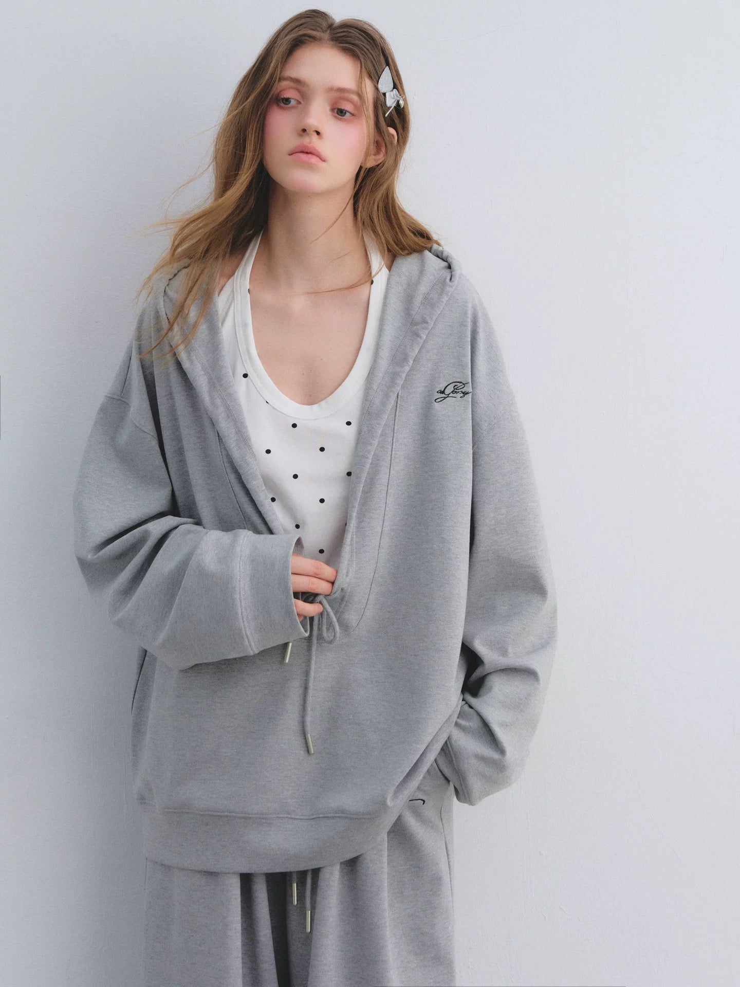 AsGony ASG25656&ASG25657 Preppy style suspender hooded drawstring hoodie + pants