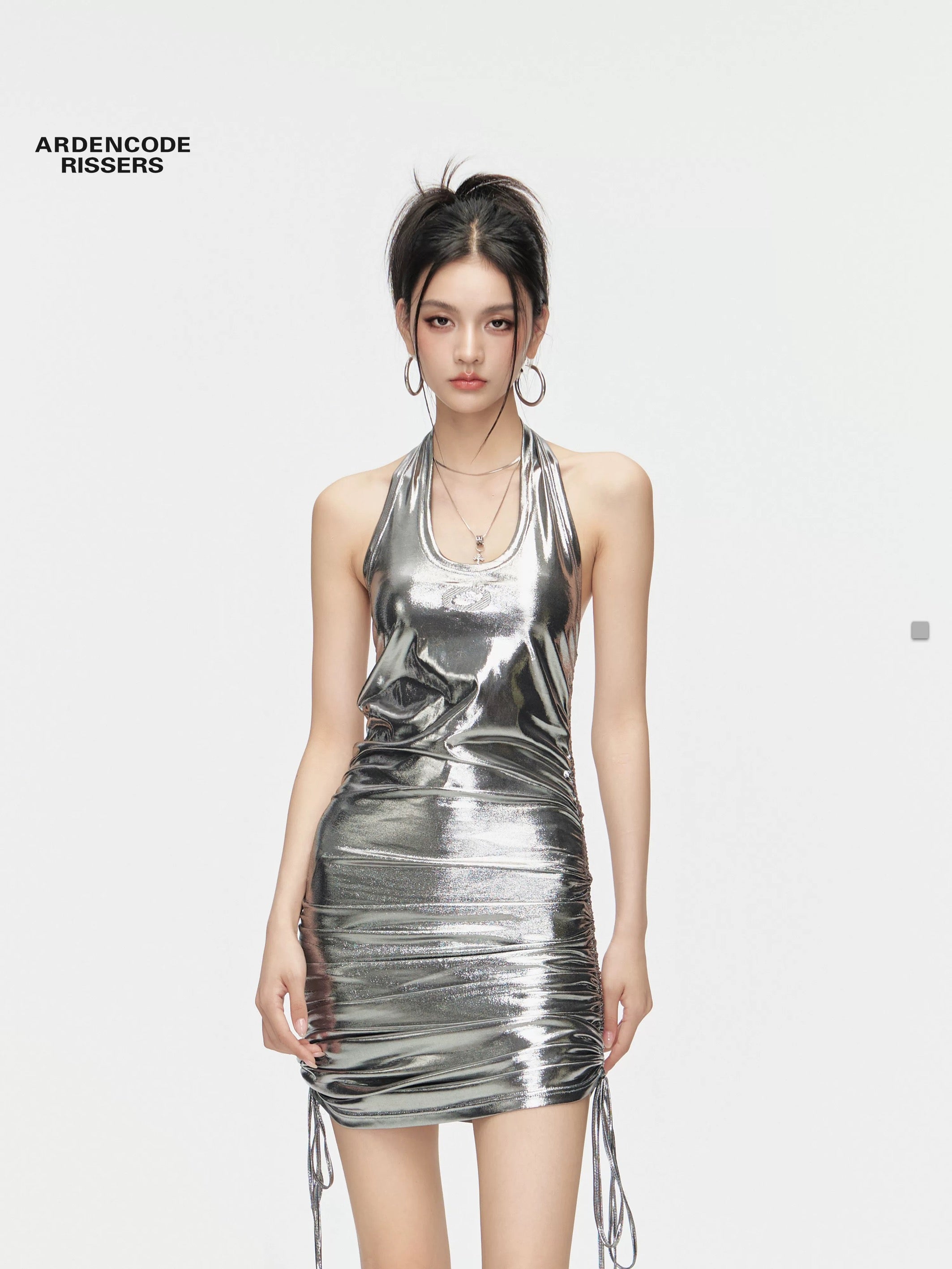 Arden Code Embroidered pleated shiny silver dress