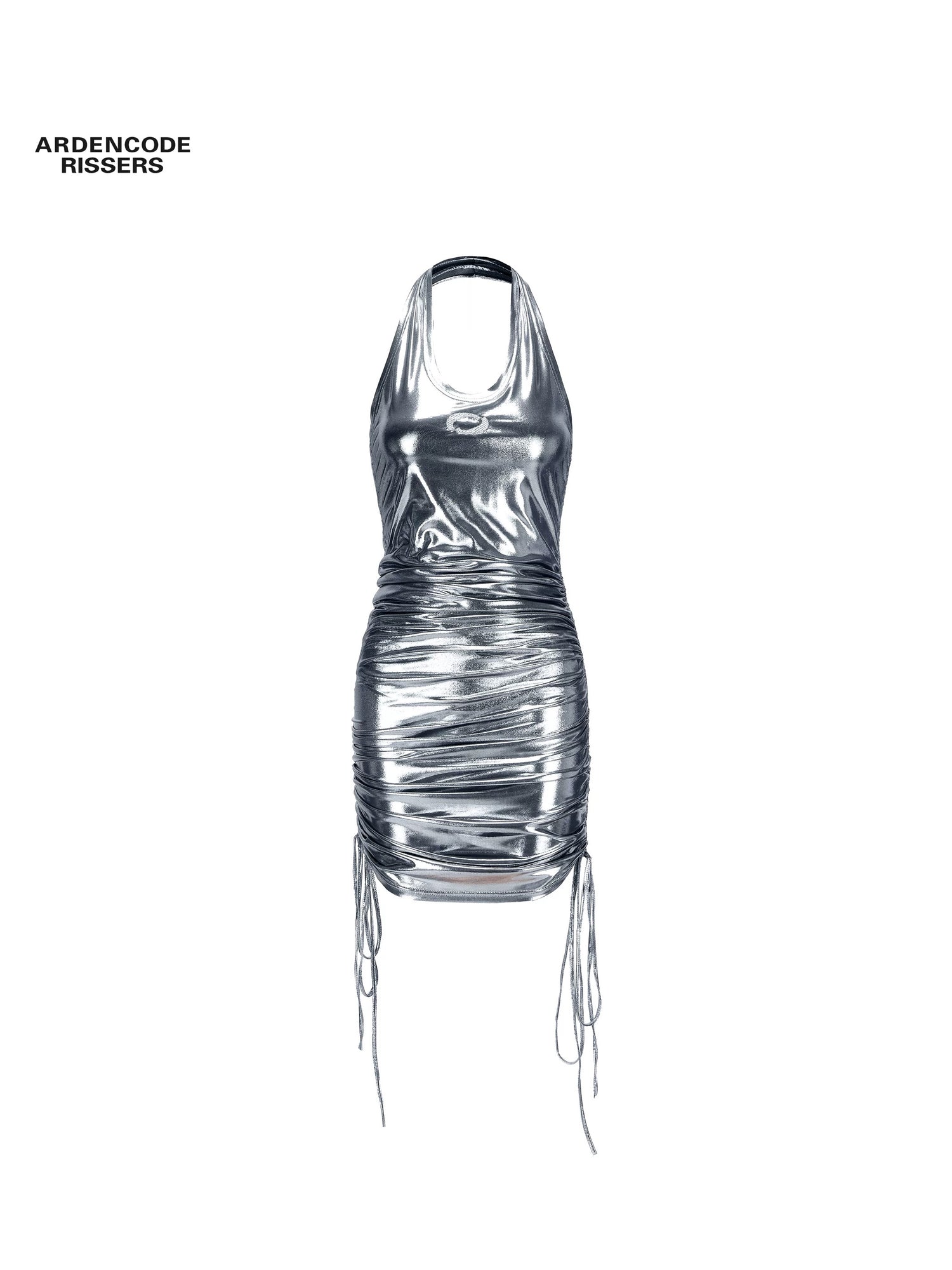 Arden Code Embroidered pleated shiny silver dress