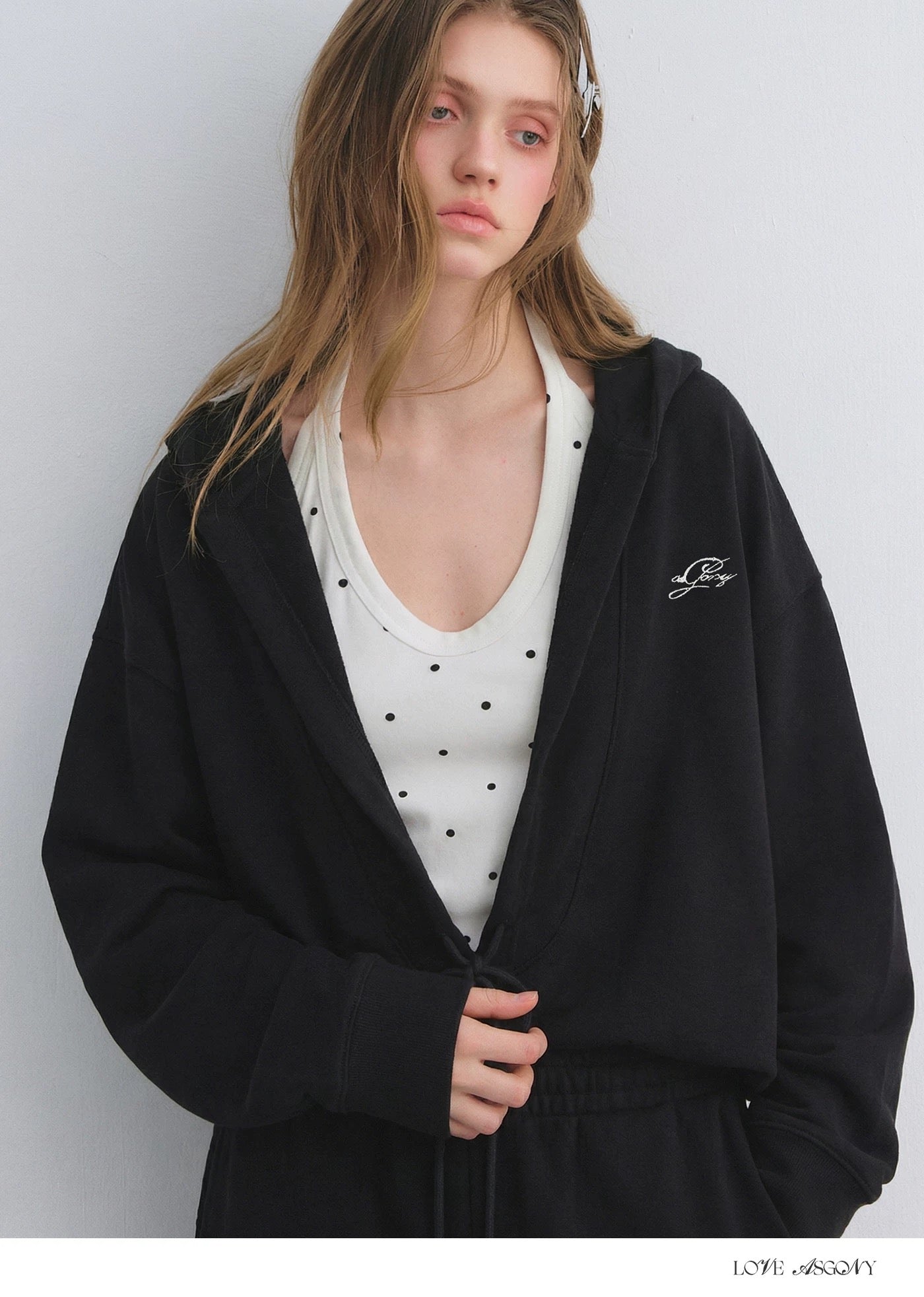 AsGony ASG25656&ASG25657 Preppy style suspender hooded drawstring hoodie + pants