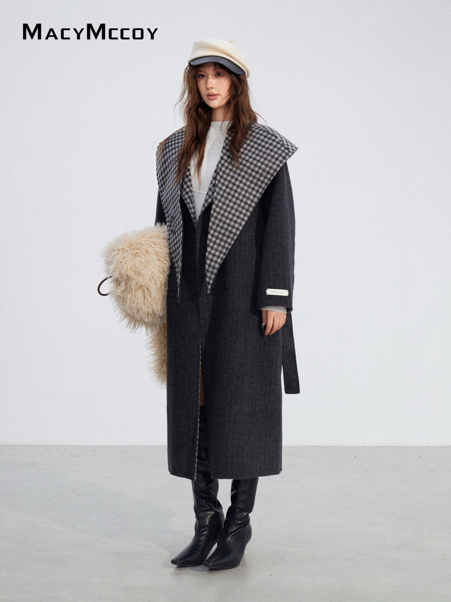 MacyMccoy MMC2025196 Checkered shawl double-faced wool coat