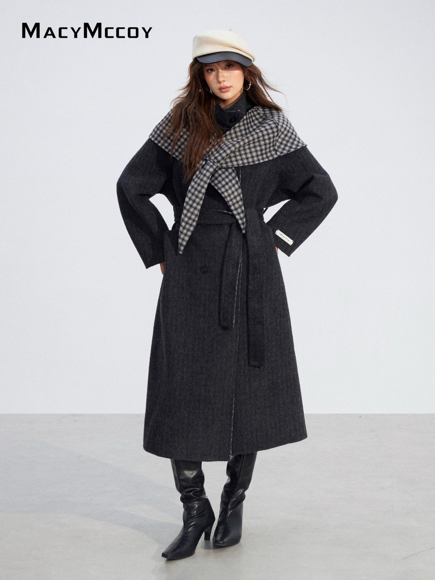 MacyMccoy MMC2025196 Checkered shawl double-faced wool coat