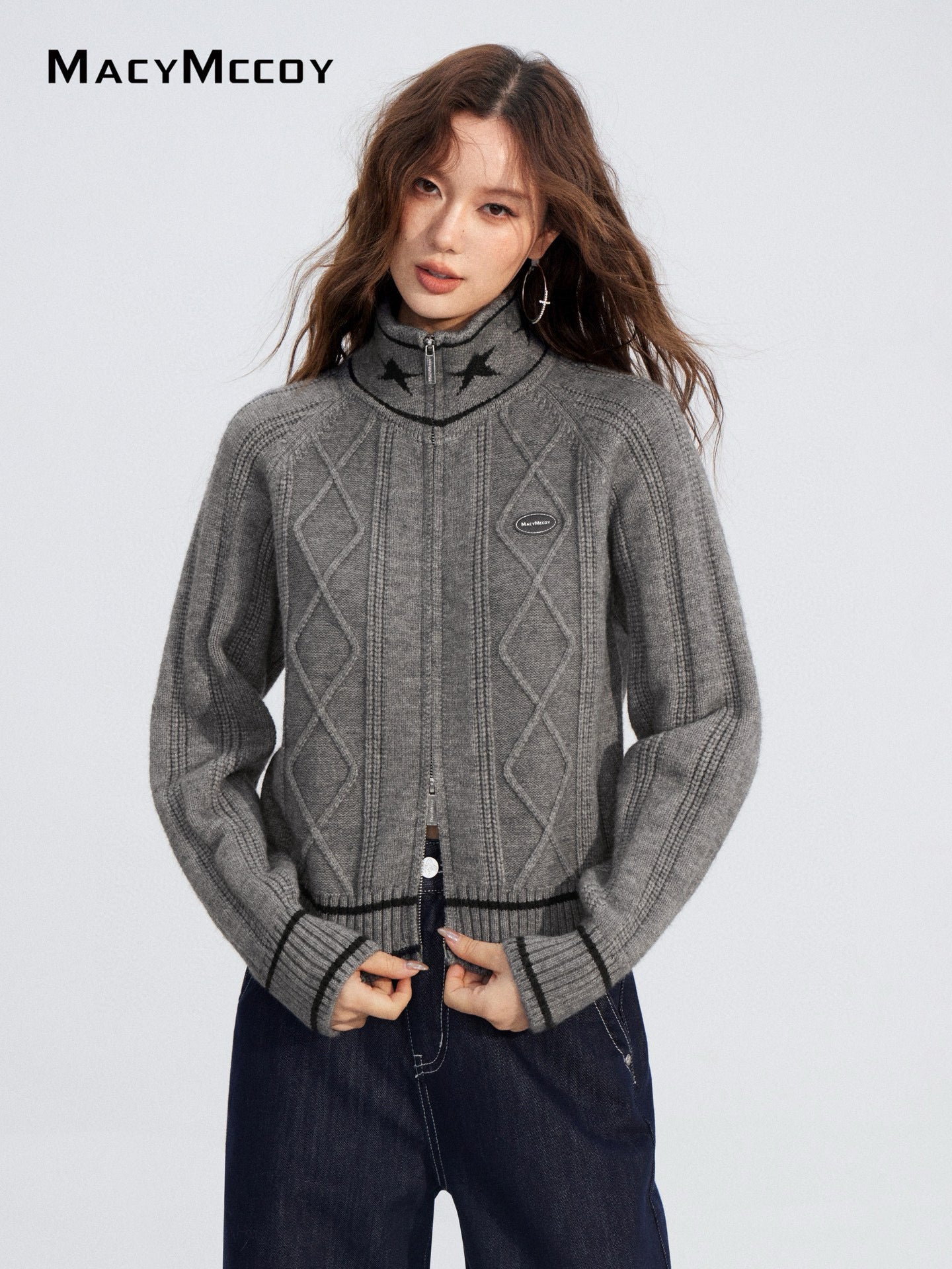 MacyMccoy MMC2025215 Contrast zip Fried Dough Twists sweater