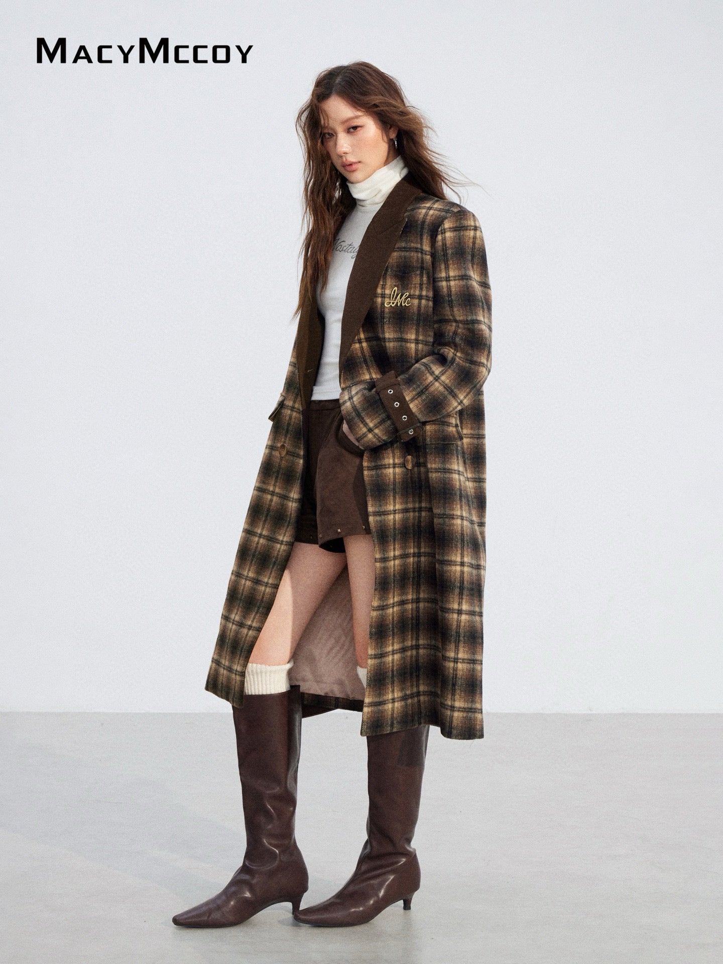 MacyMccoy MMC2025211 Plaid patchwork woolen coat
