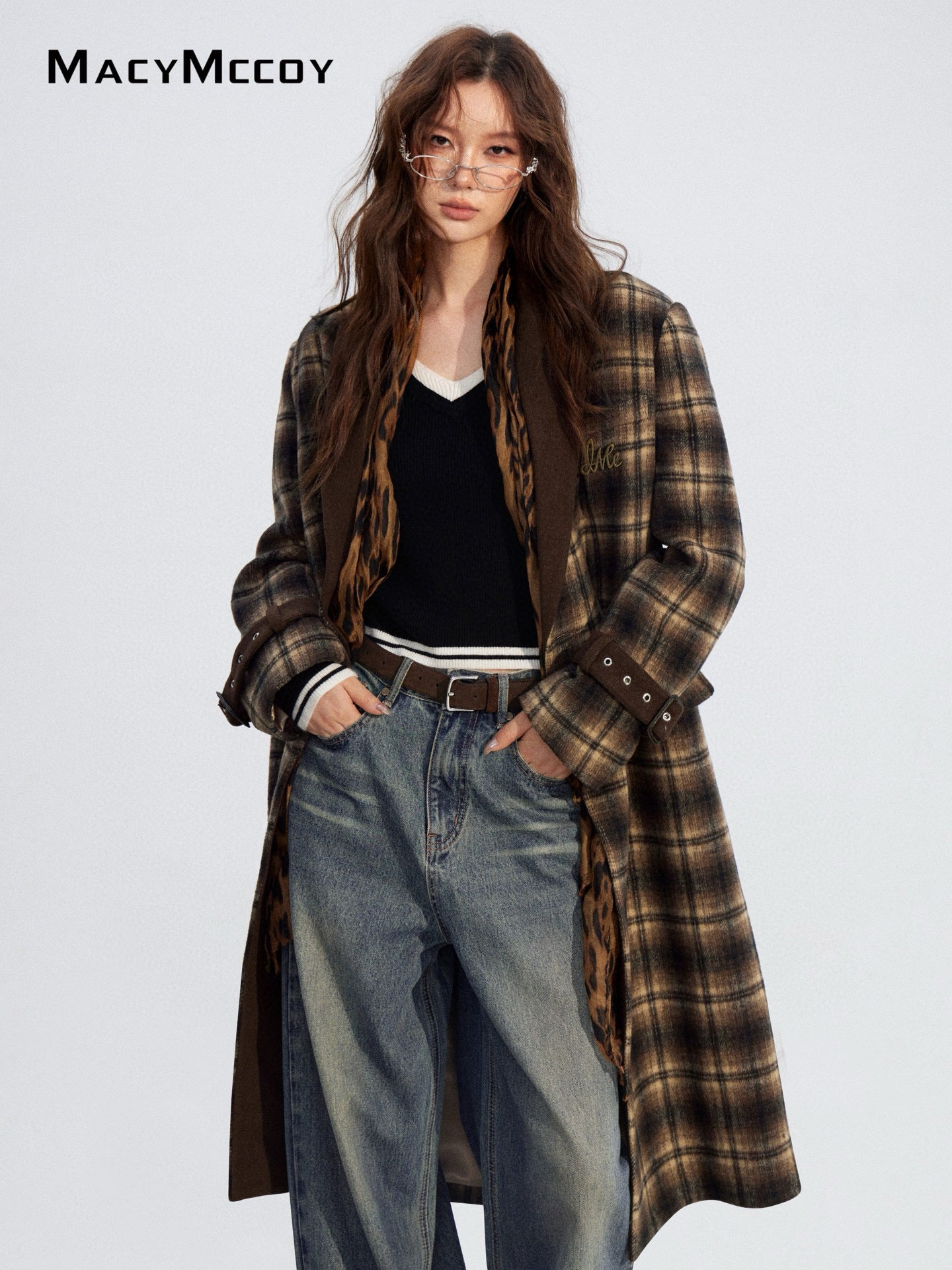 MacyMccoy MMC2025211 Plaid patchwork woolen coat