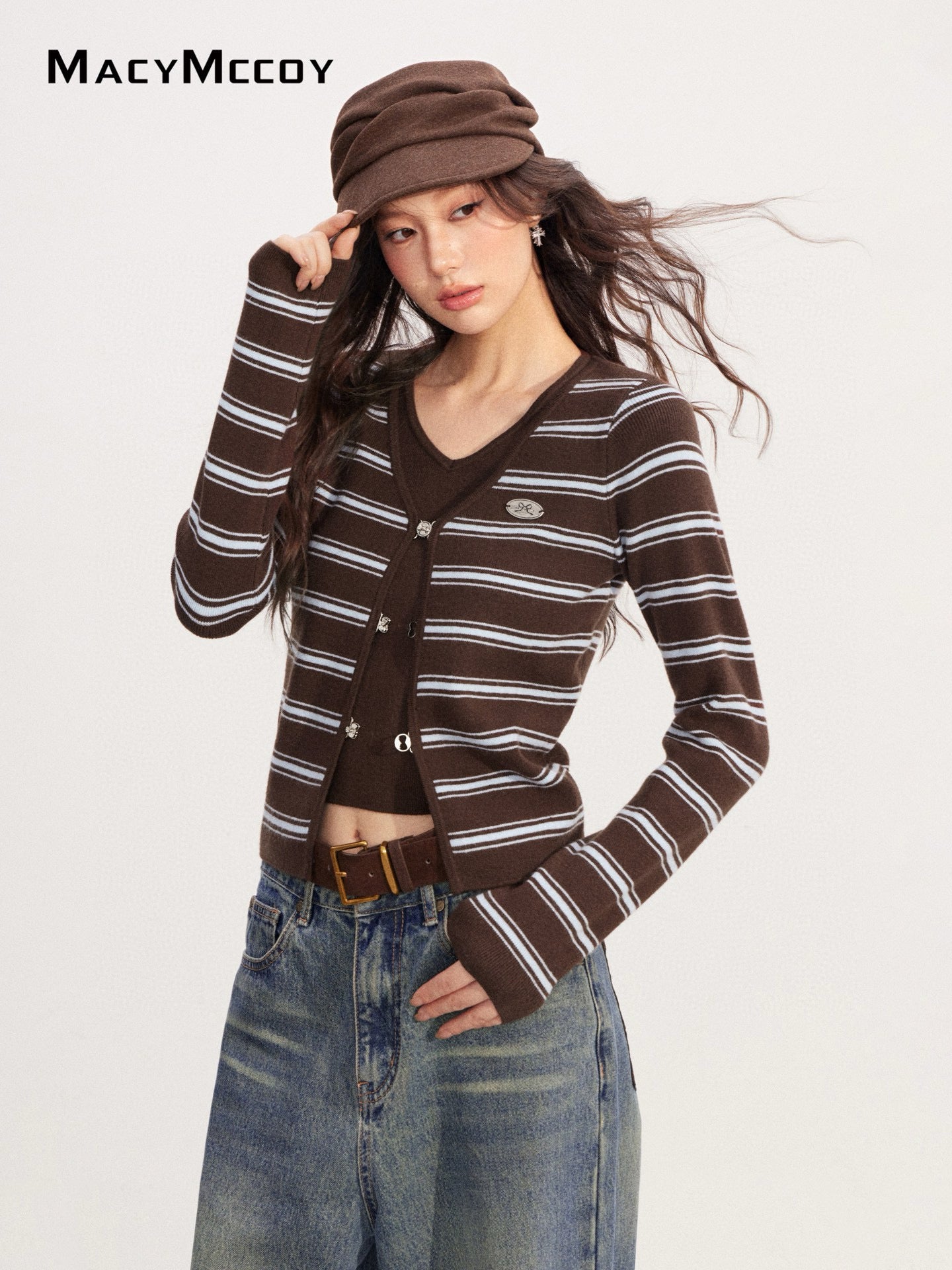 MacyMccoy MMC2025223 Fake two striped knitted tops